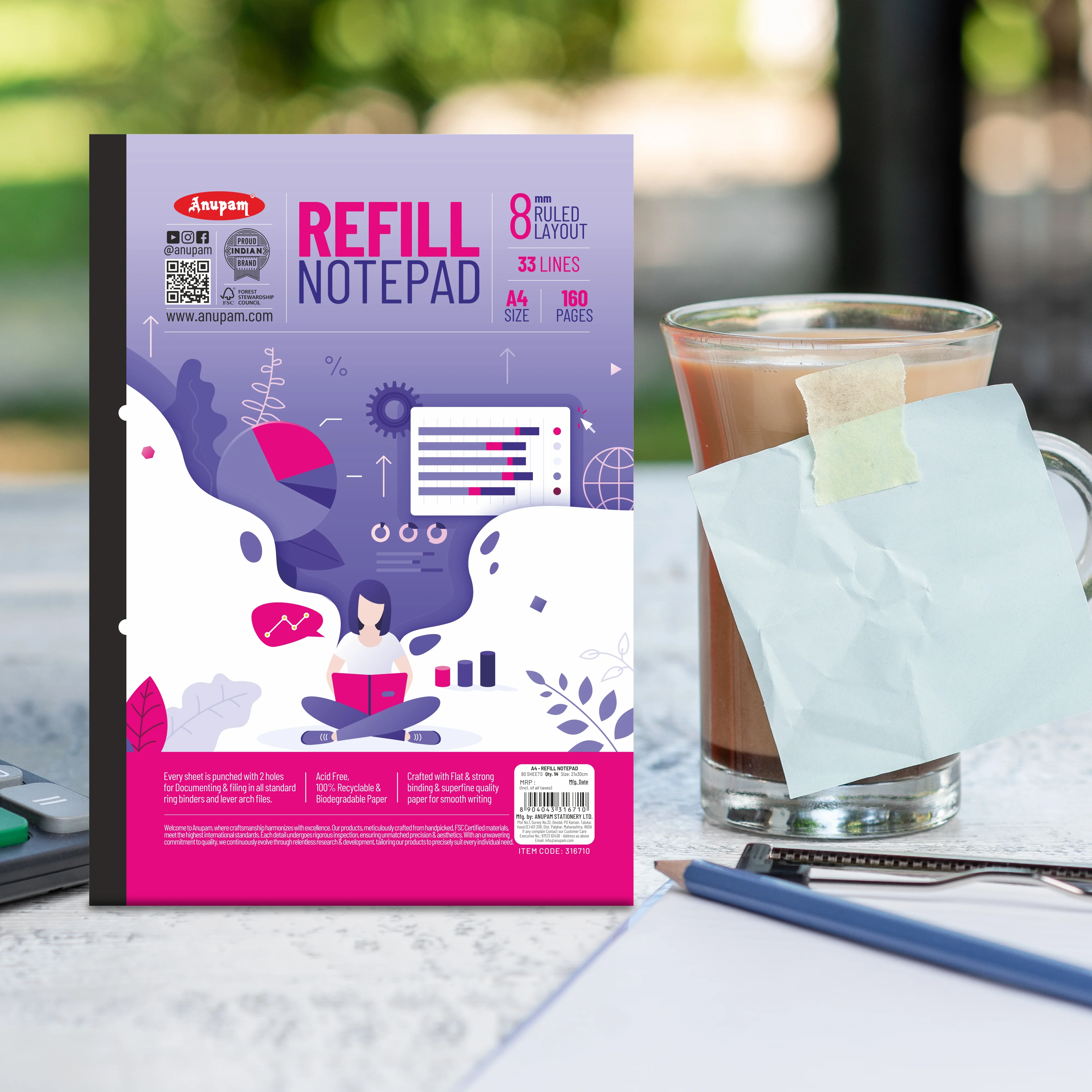 Anupam Refill Writing Notepad A4 Lined Paper-Wide Ruled-80 Sheets-Notepad, One Side Glue Bound-2 Hole Punched Notebook - Image 15