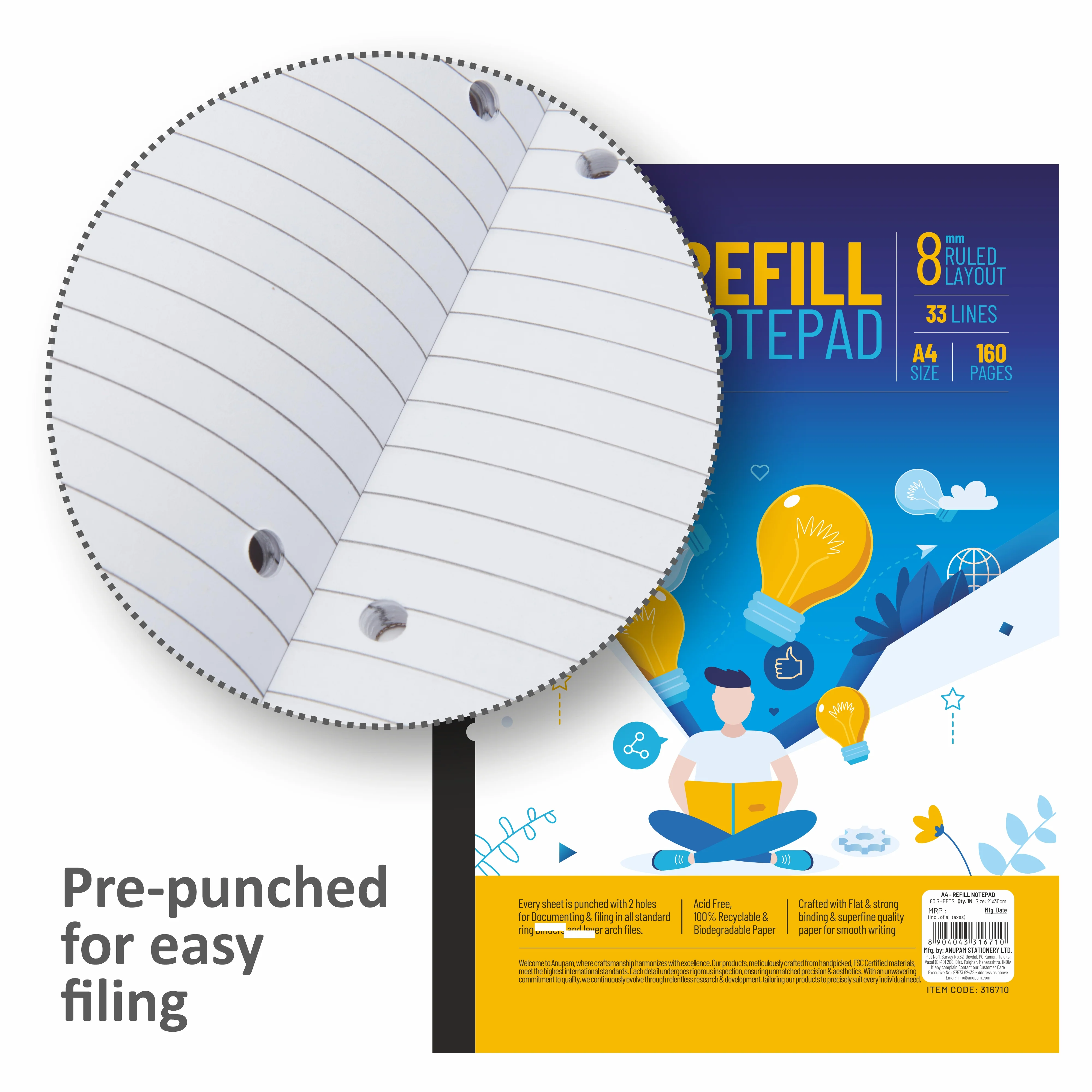 Anupam Refill Writing Notepad A4 Lined Paper-Wide Ruled-80 Sheets-Notepad, One Side Glue Bound-2 Hole Punched Notebook - Image 7