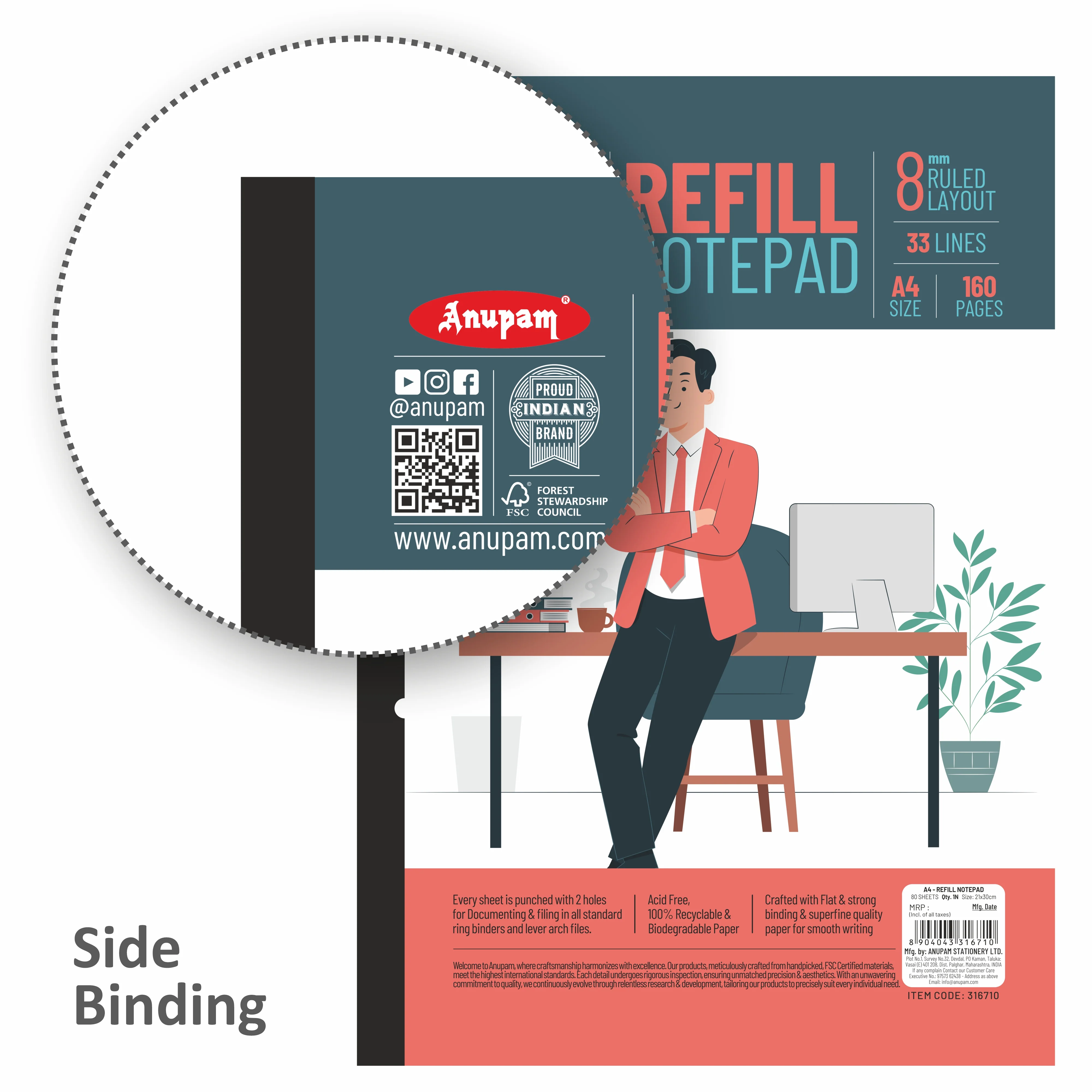 Anupam Refill Writing Notepad A4 Lined Paper-Wide Ruled-80 Sheets-Notepad, One Side Glue Bound-2 Hole Punched Notebook - Image 8