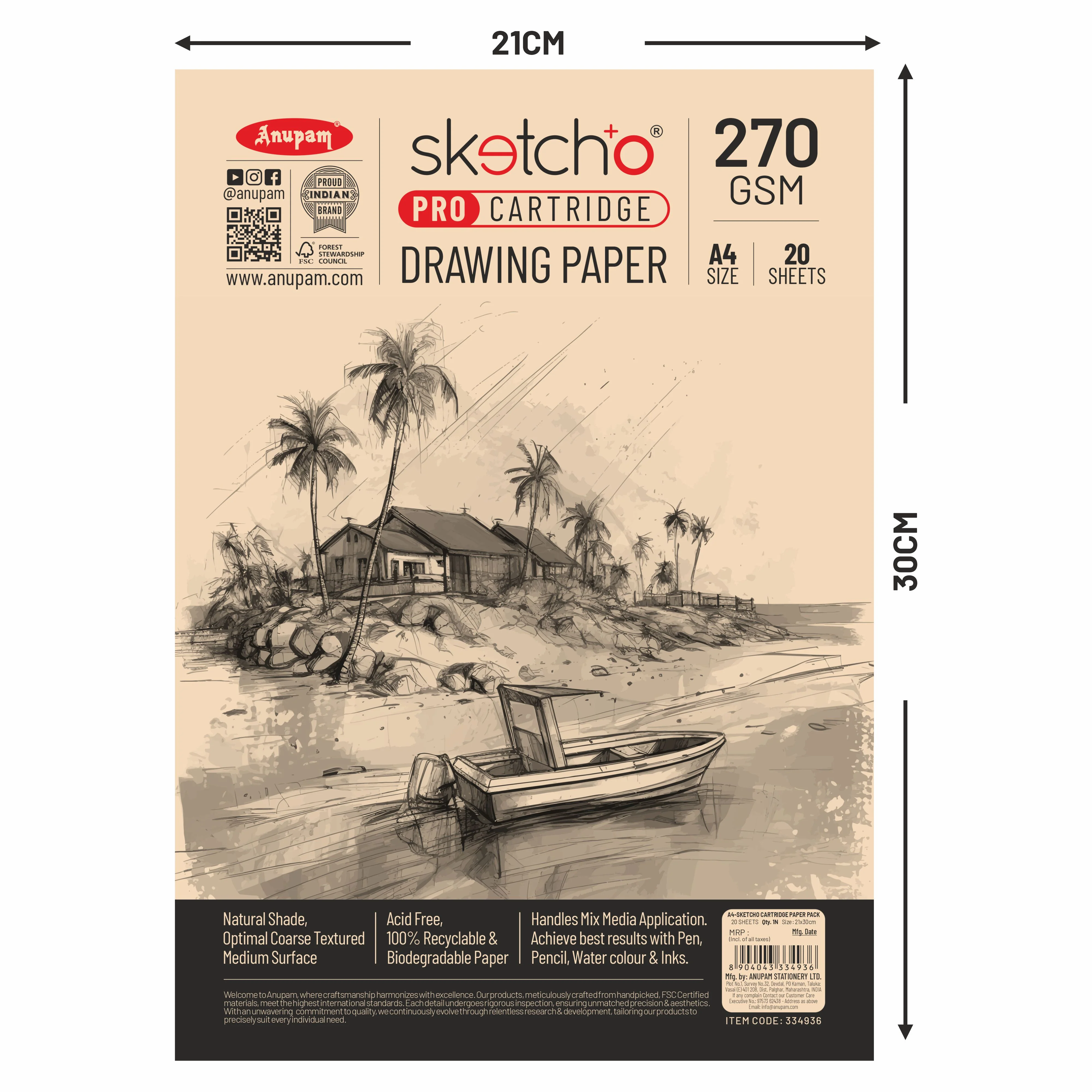 Anupam Sketch-O Pro Cartridge Drawing Paper Loose Sheets – 270 GSM - Image 2
