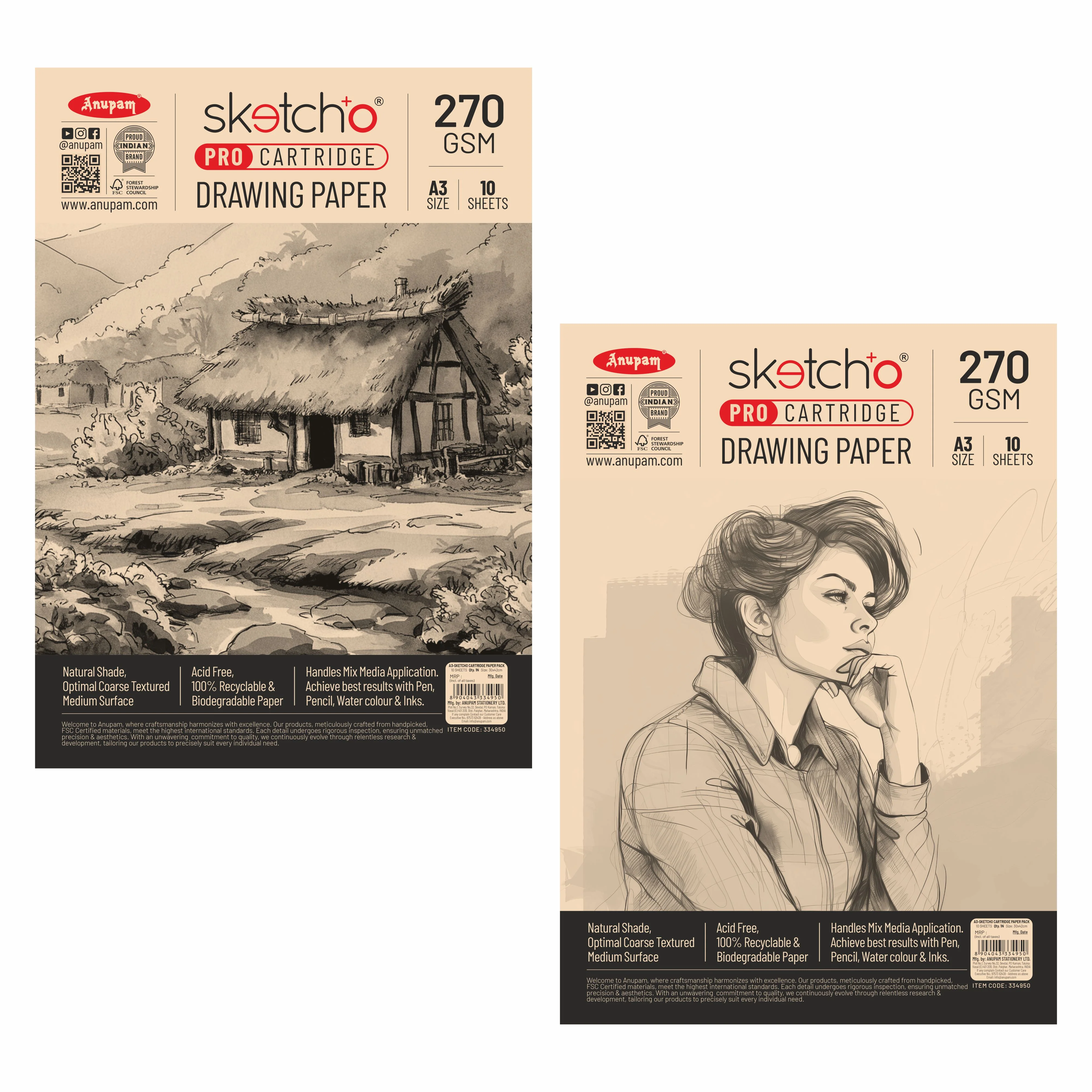 Anupam Sketch-O Pro Cartridge Drawing Paper Loose Sheets – 270 GSM - Image 4