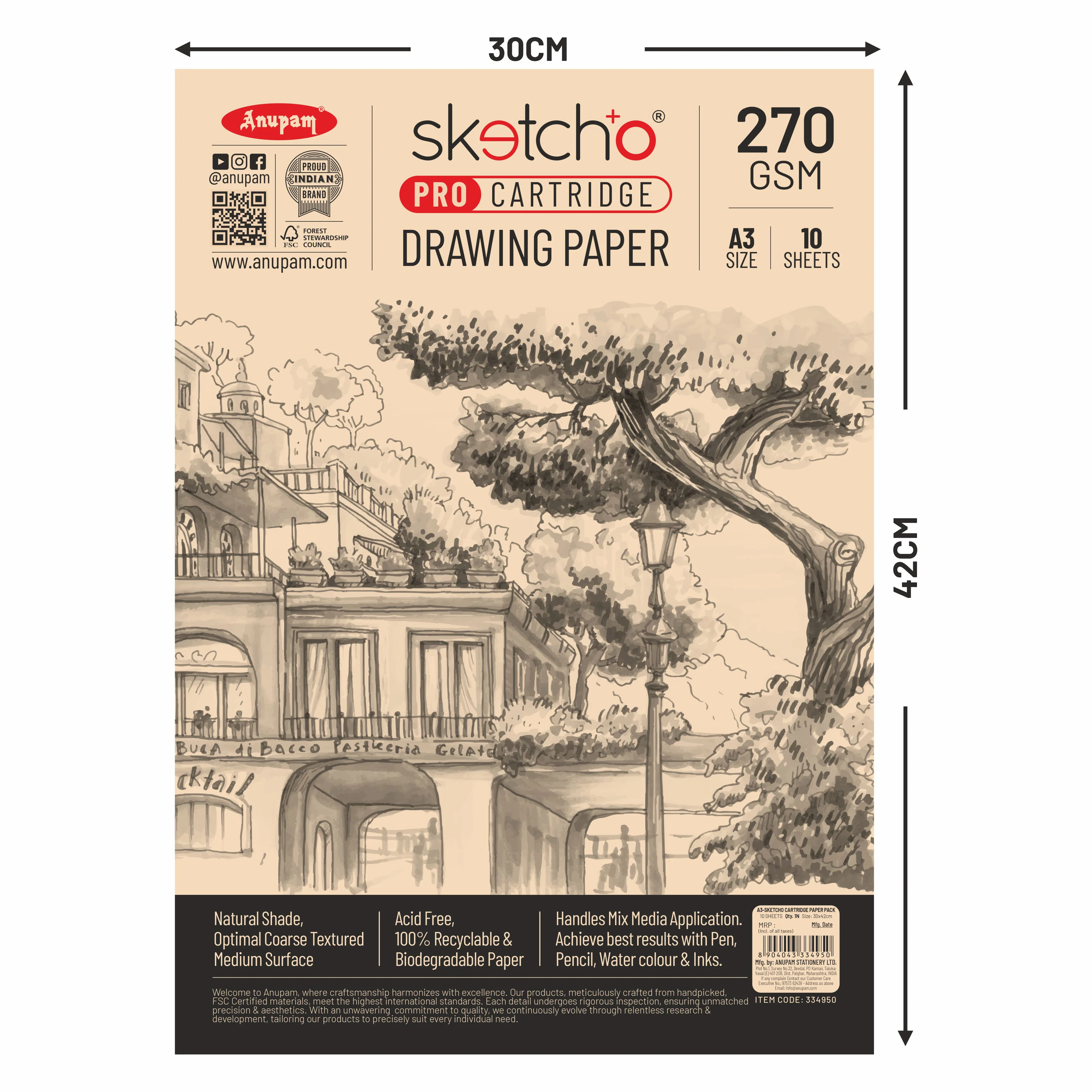 Anupam Sketch-O Pro Cartridge Drawing Paper Loose Sheets – 270 GSM - Image 5