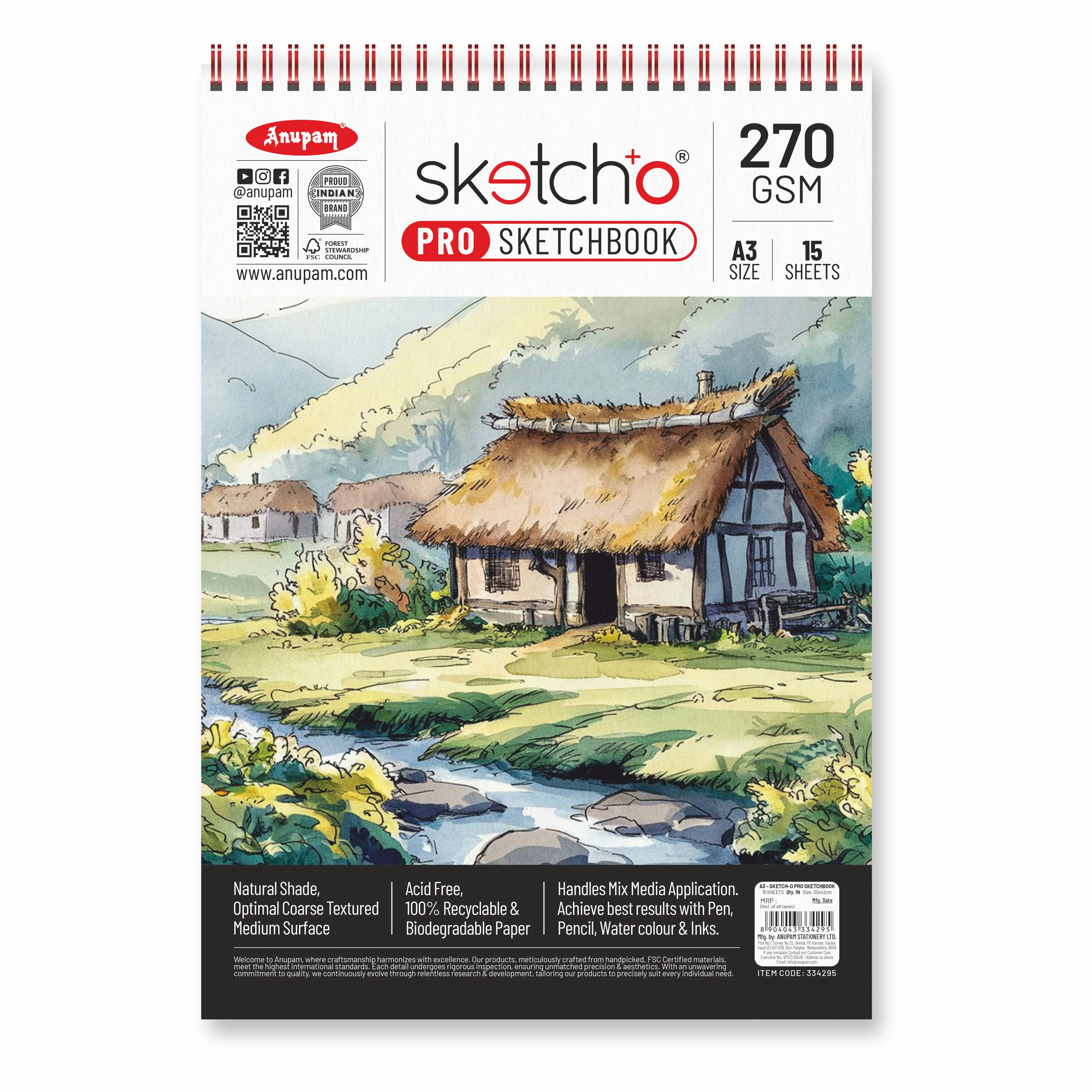 Anupam Sketch-O Pro Spiral Bound Sketchbook – 270 GSM Acid-Free Natural Shade Paper with Coarse Textured Surface - 15 Sheets