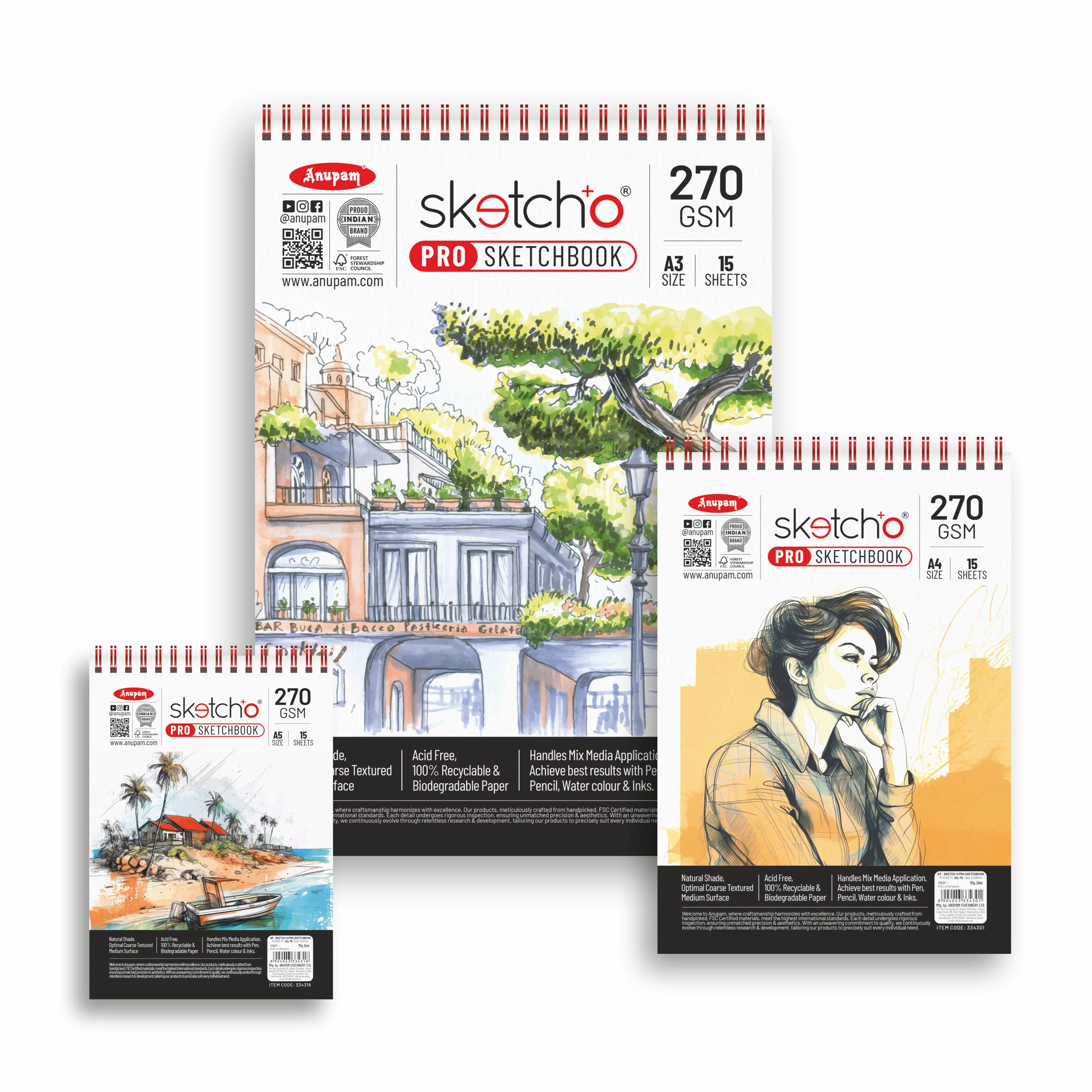 Anupam Sketch-O Pro Spiral Bound Sketchbook – 270 GSM Acid-Free Natural Shade Paper with Coarse Textured Surface - 15 Sheets - Image 10