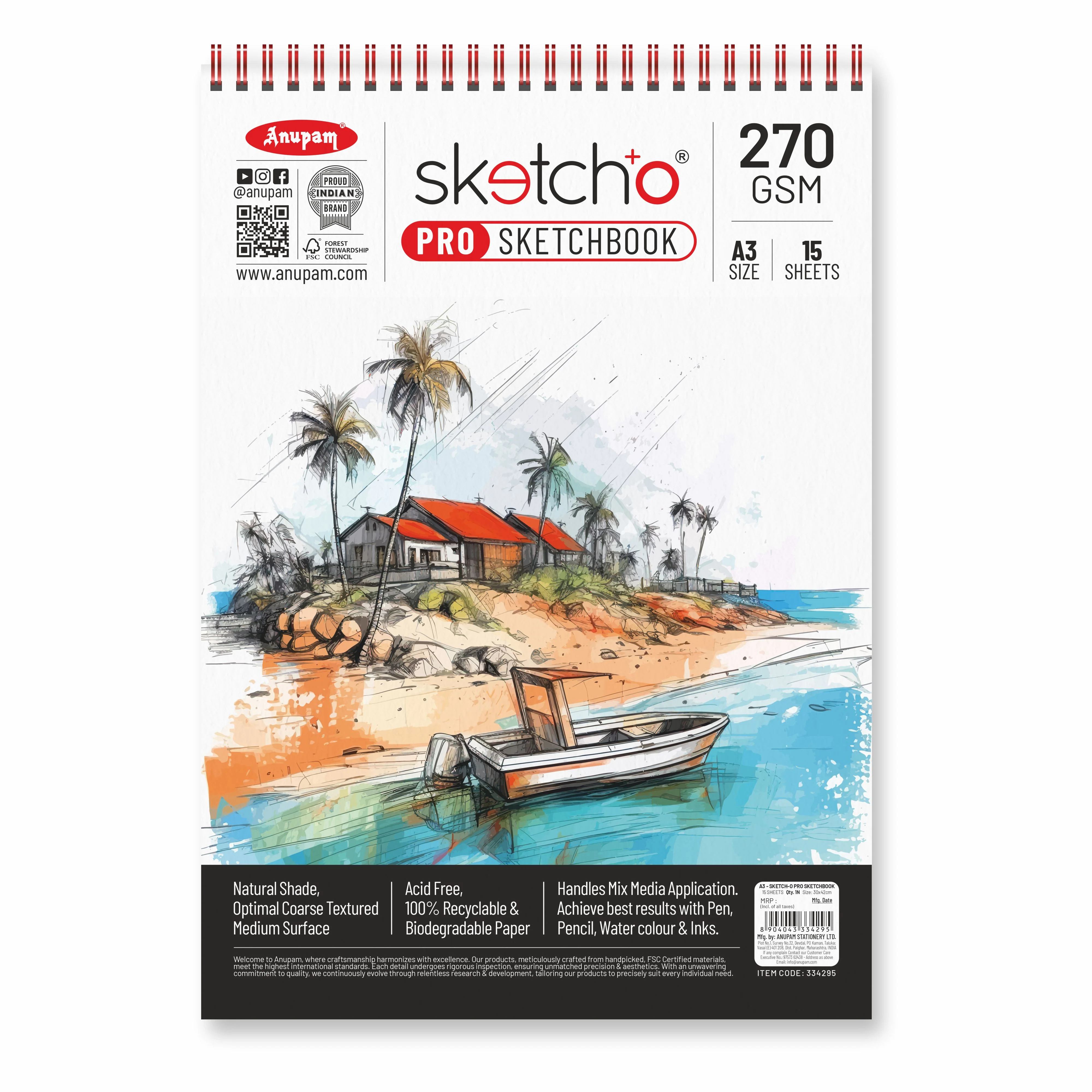 Anupam Sketch-O Pro Spiral Bound Sketchbook – 270 GSM Acid-Free Natural Shade Paper with Coarse Textured Surface - 15 Sheets - Image 11