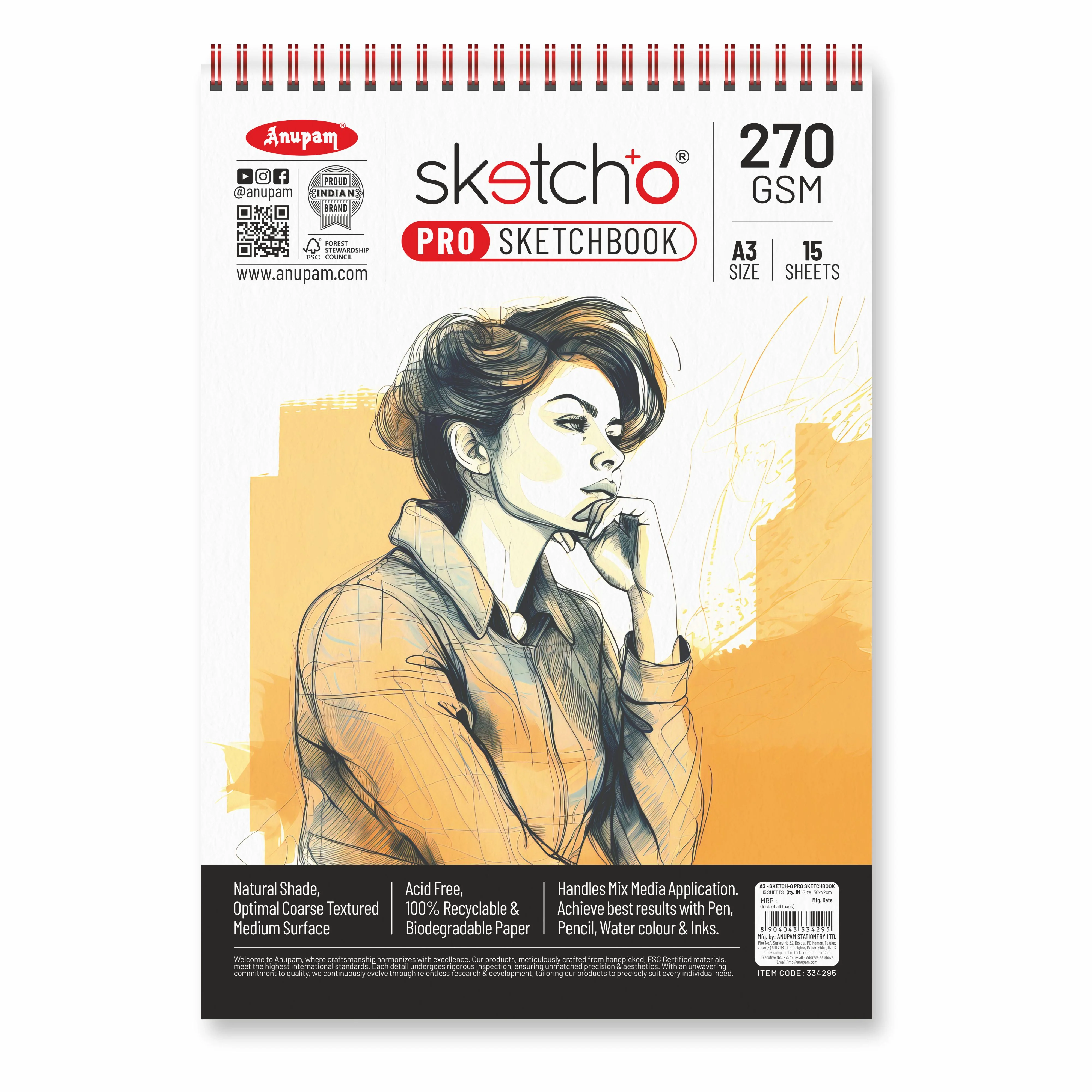 Anupam Sketch-O Pro Spiral Bound Sketchbook – 270 GSM Acid-Free Natural Shade Paper with Coarse Textured Surface - 15 Sheets - Image 12