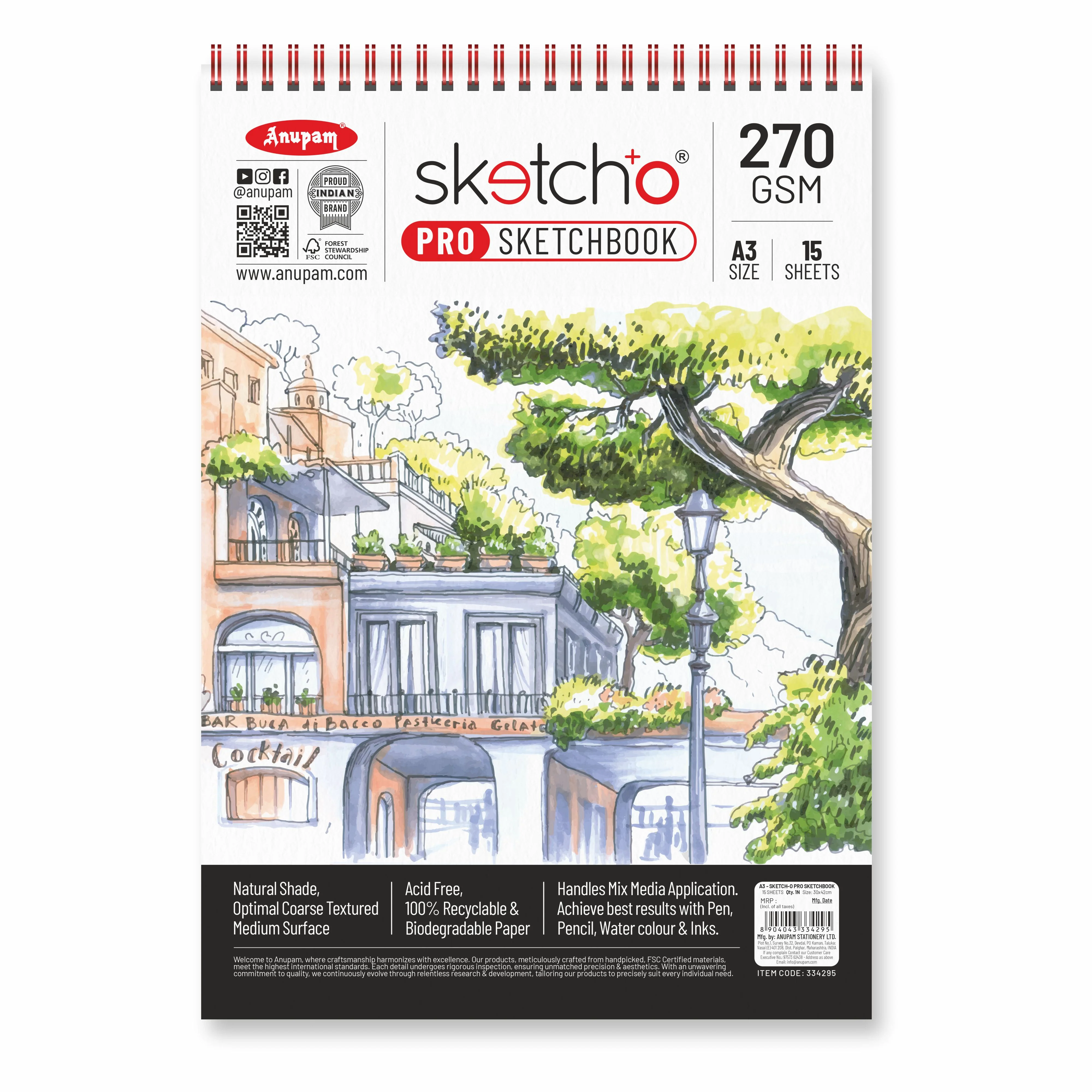Anupam Sketch-O Pro Spiral Bound Sketchbook – 270 GSM Acid-Free Natural Shade Paper with Coarse Textured Surface - 15 Sheets - Image 13