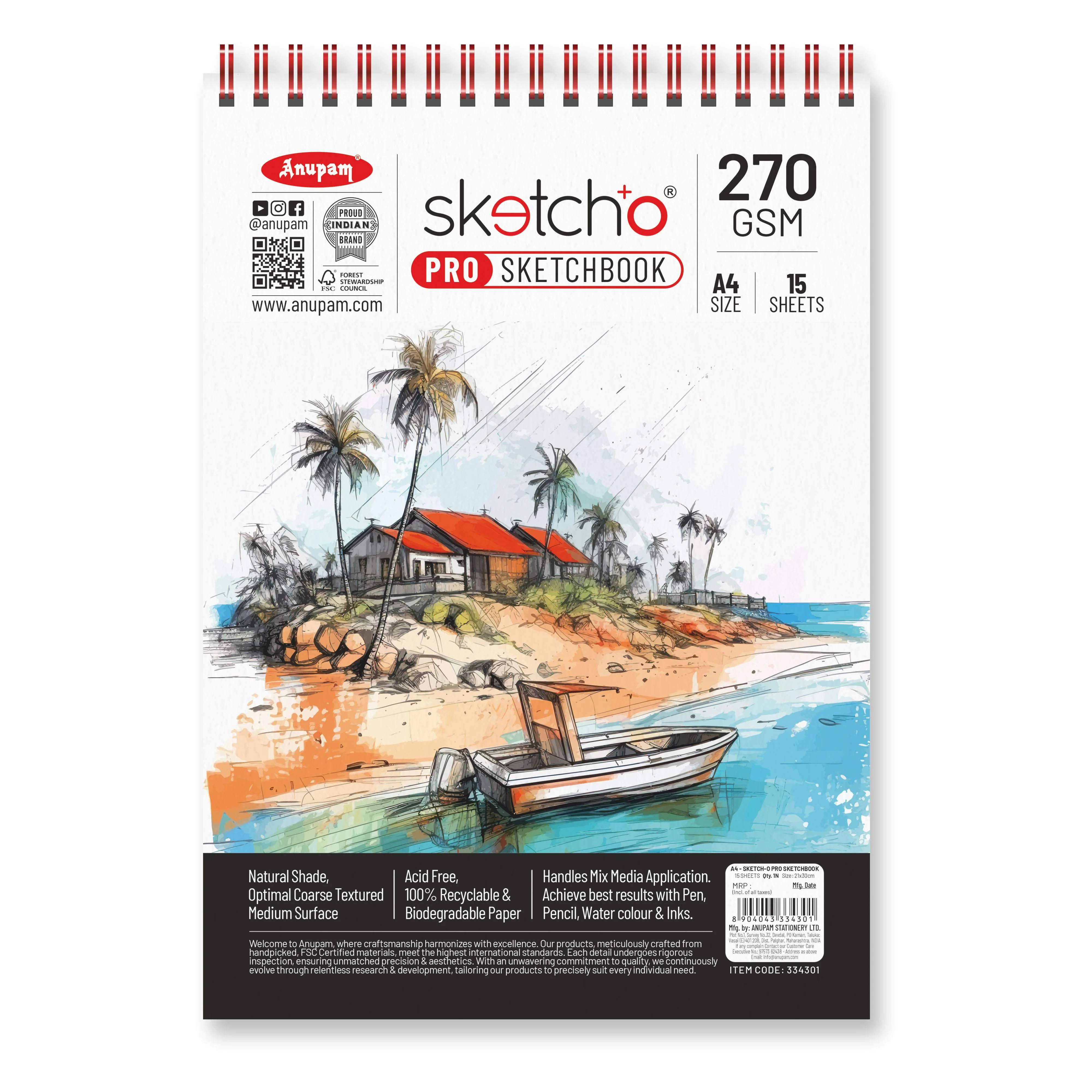 Anupam Sketch-O Pro Spiral Bound Sketchbook – 270 GSM Acid-Free Natural Shade Paper with Coarse Textured Surface - 15 Sheets - Image 14