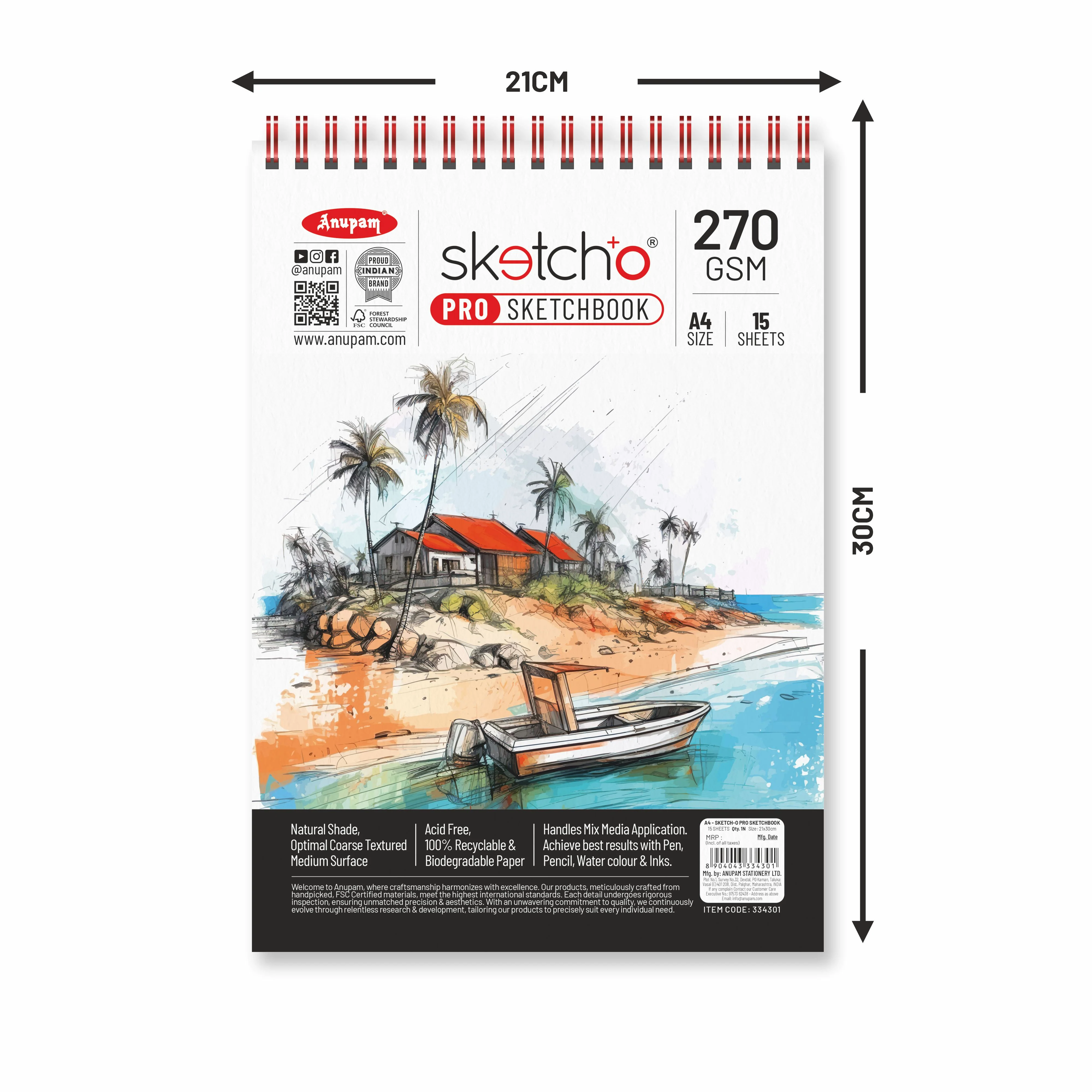 Anupam Sketch-O Pro Spiral Bound Sketchbook – 270 GSM Acid-Free Natural Shade Paper with Coarse Textured Surface - 15 Sheets - Image 15