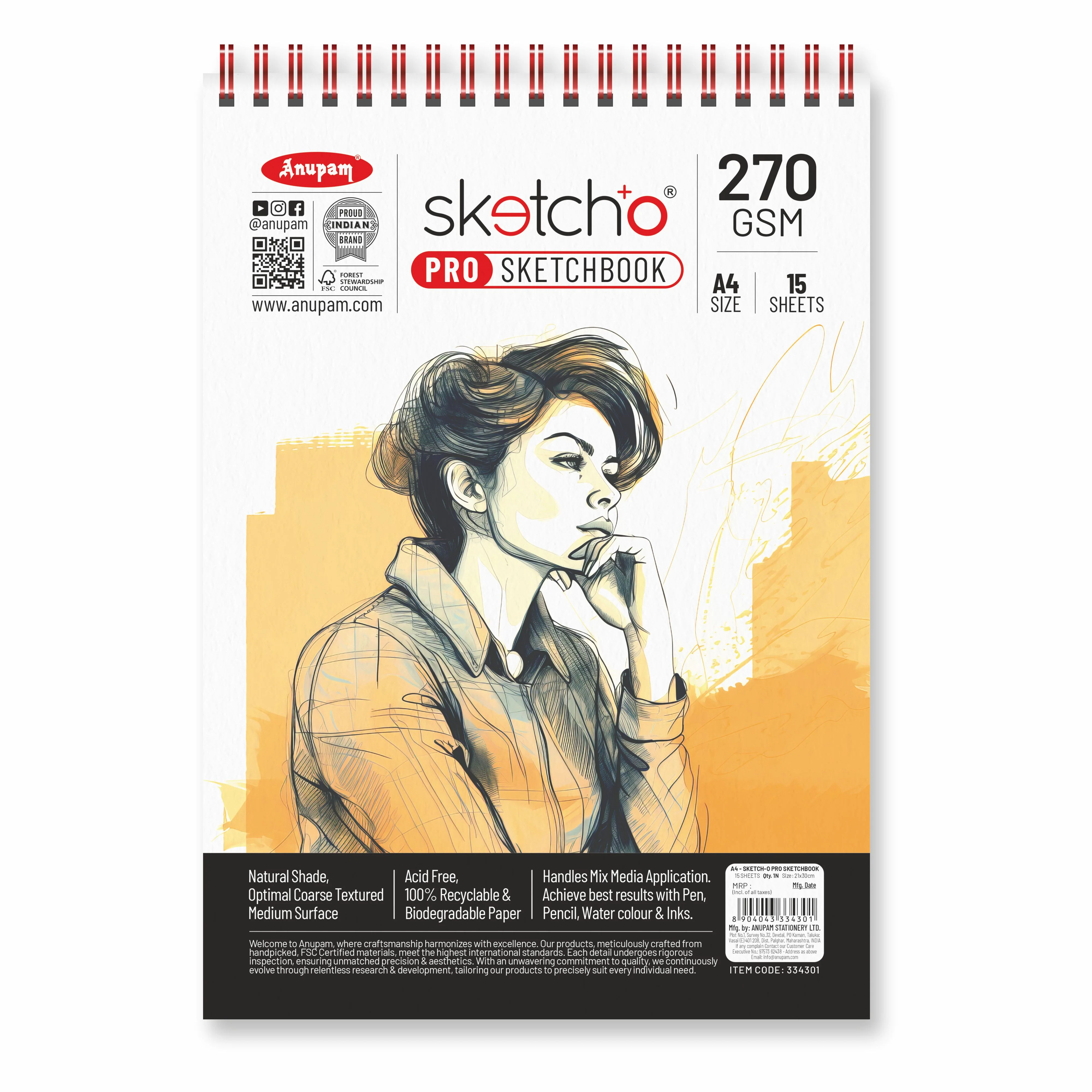 Anupam Sketch-O Pro Spiral Bound Sketchbook – 270 GSM Acid-Free Natural Shade Paper with Coarse Textured Surface - 15 Sheets - Image 16