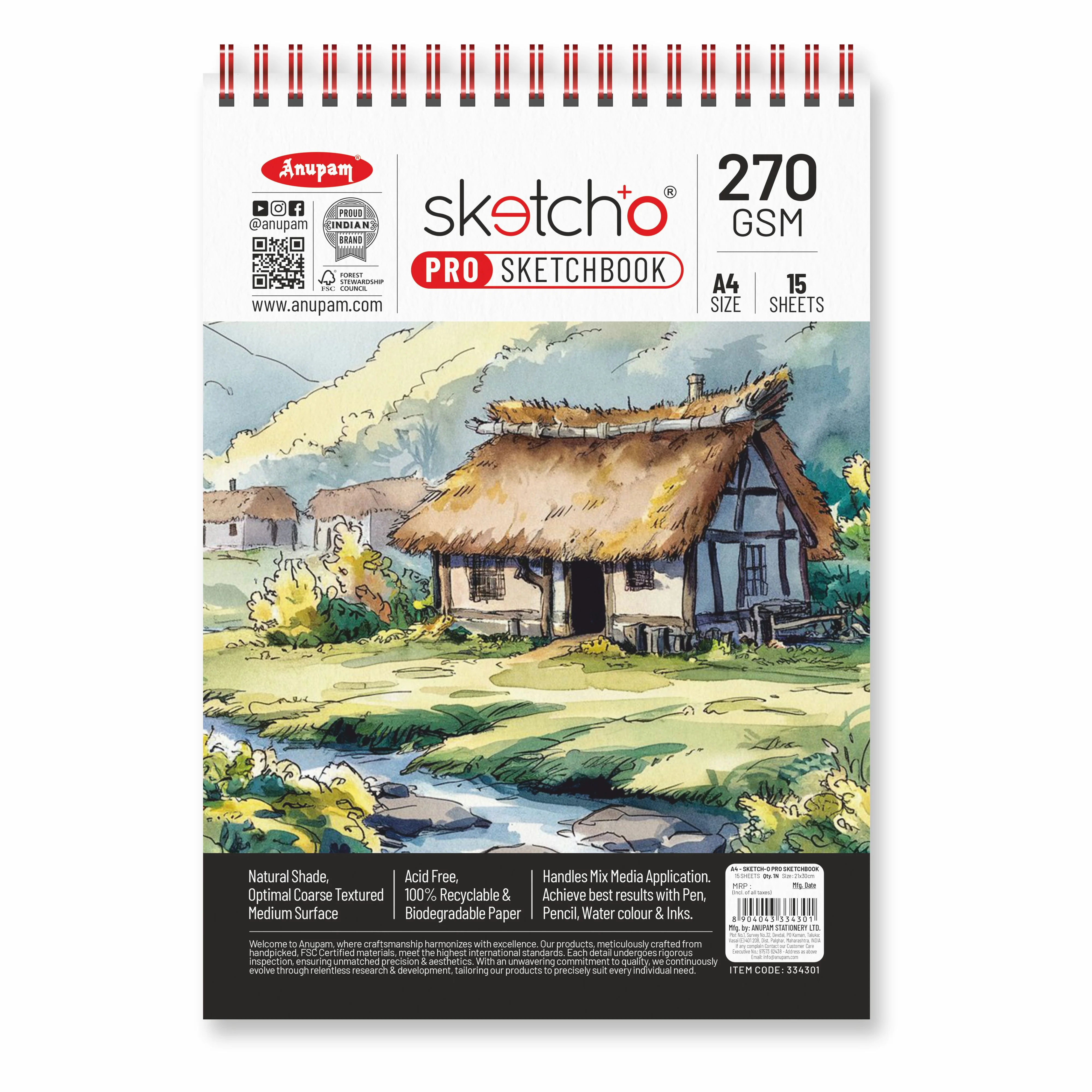 Anupam Sketch-O Pro Spiral Bound Sketchbook – 270 GSM Acid-Free Natural Shade Paper with Coarse Textured Surface - 15 Sheets - Image 17