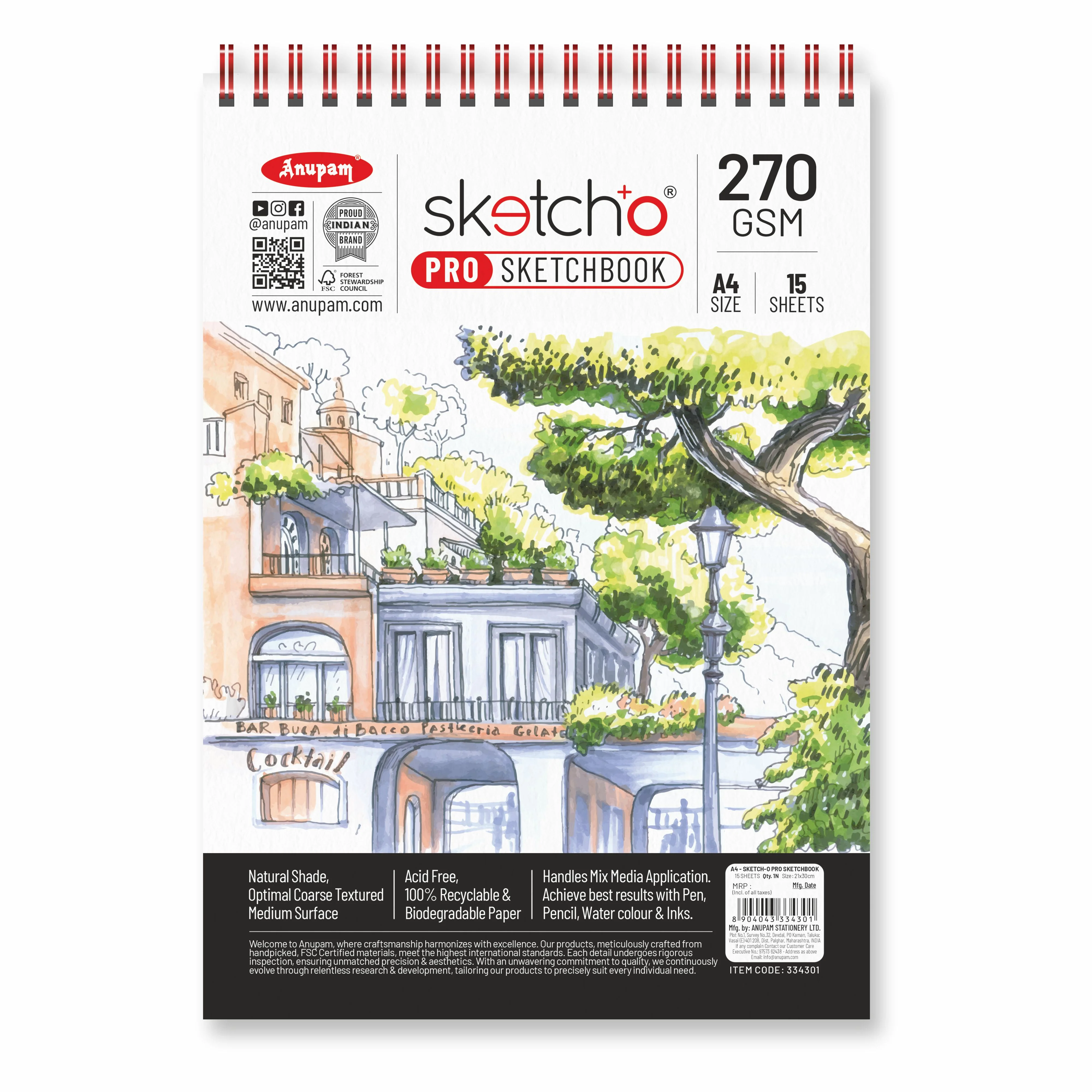 Anupam Sketch-O Pro Spiral Bound Sketchbook – 270 GSM Acid-Free Natural Shade Paper with Coarse Textured Surface - 15 Sheets - Image 18