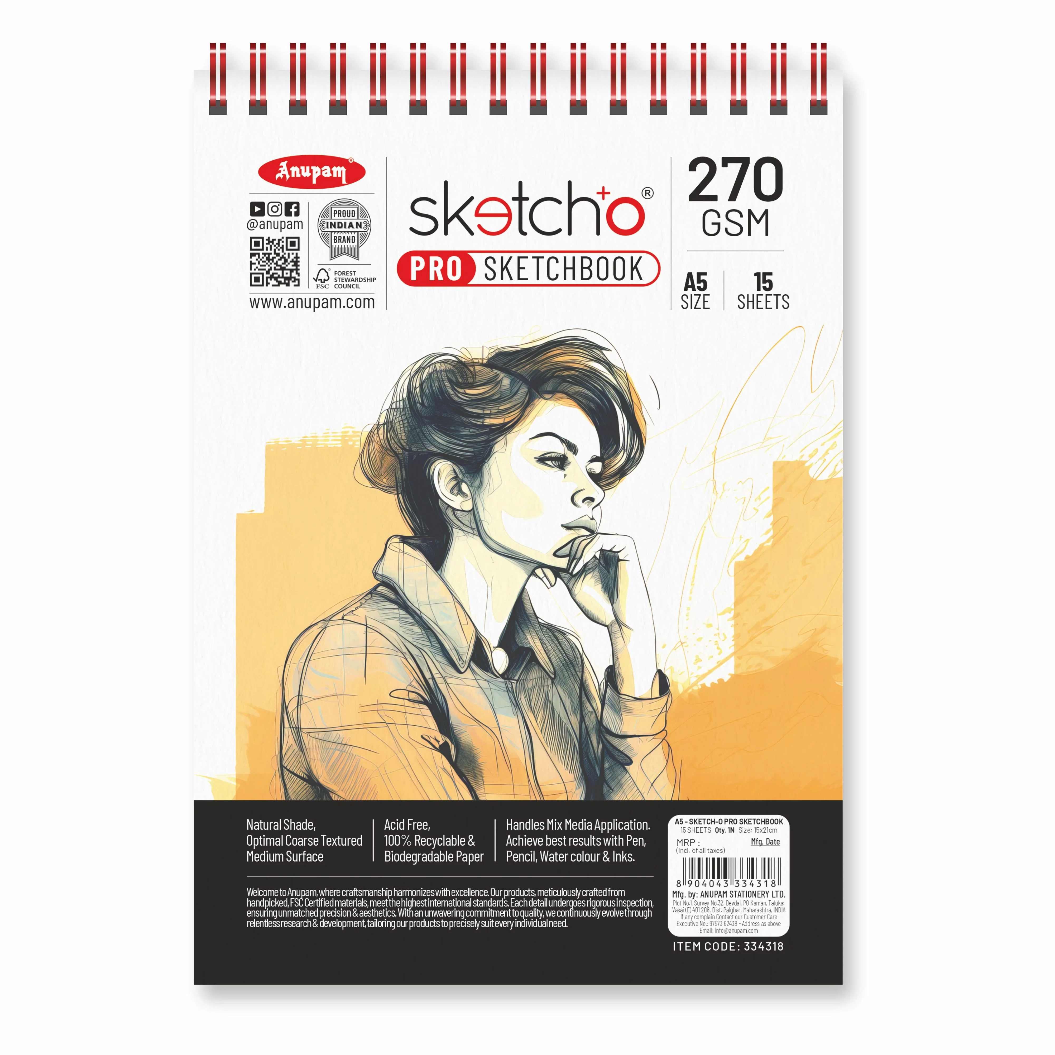 Anupam Sketch-O Pro Spiral Bound Sketchbook – 270 GSM Acid-Free Natural Shade Paper with Coarse Textured Surface - 15 Sheets - Image 19