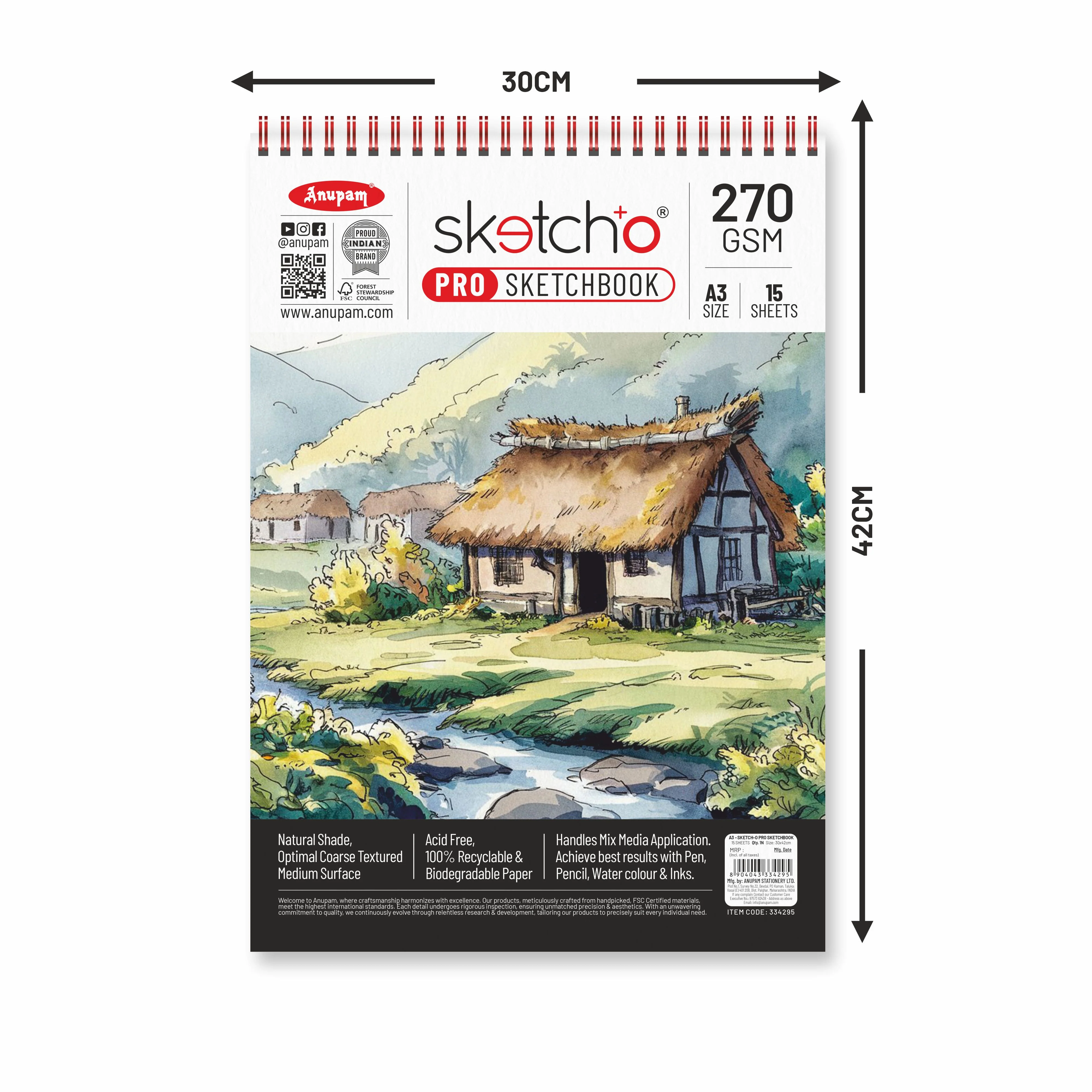 Anupam Sketch-O Pro Spiral Bound Sketchbook – 270 GSM Acid-Free Natural Shade Paper with Coarse Textured Surface - 15 Sheets - Image 2