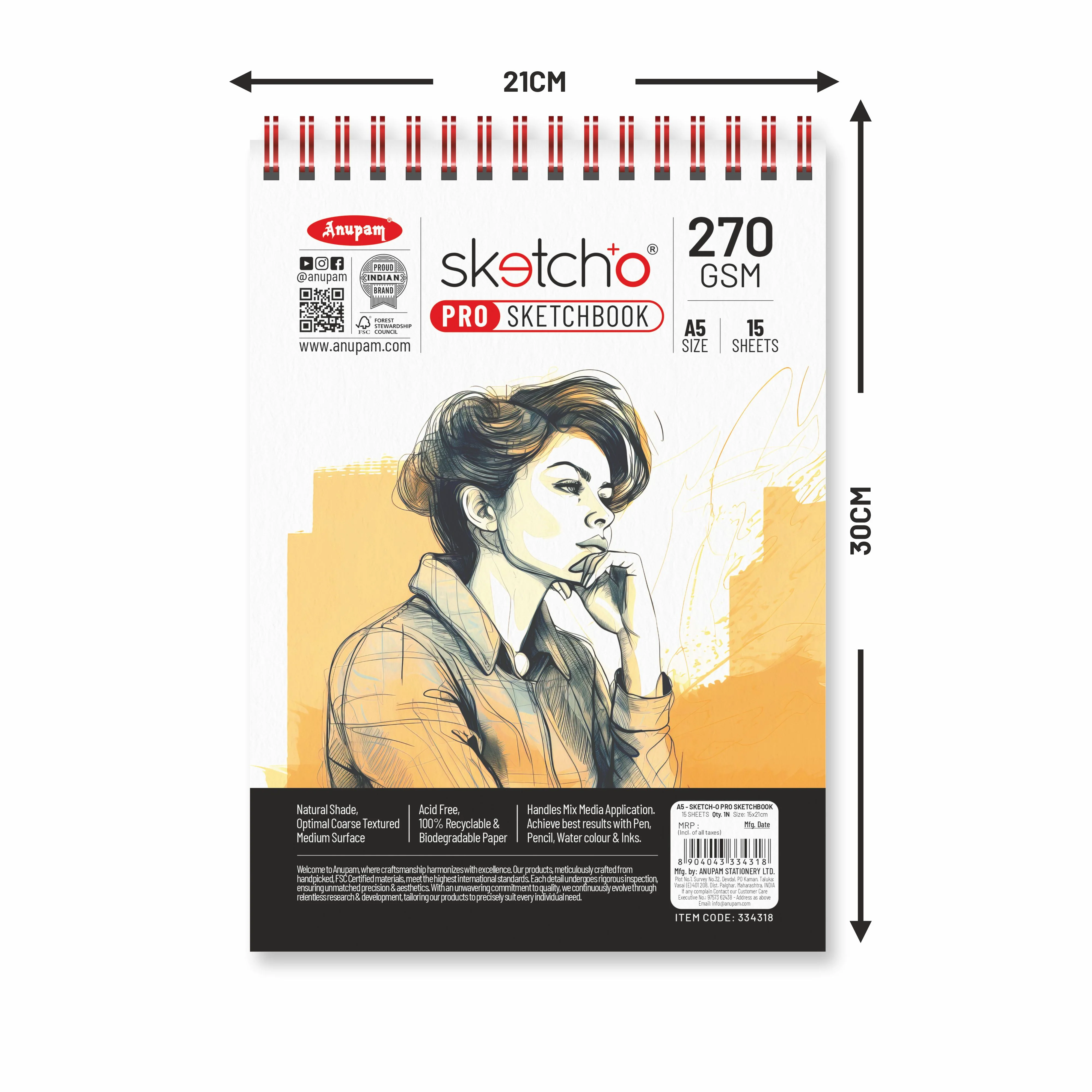 Anupam Sketch-O Pro Spiral Bound Sketchbook – 270 GSM Acid-Free Natural Shade Paper with Coarse Textured Surface - 15 Sheets - Image 20