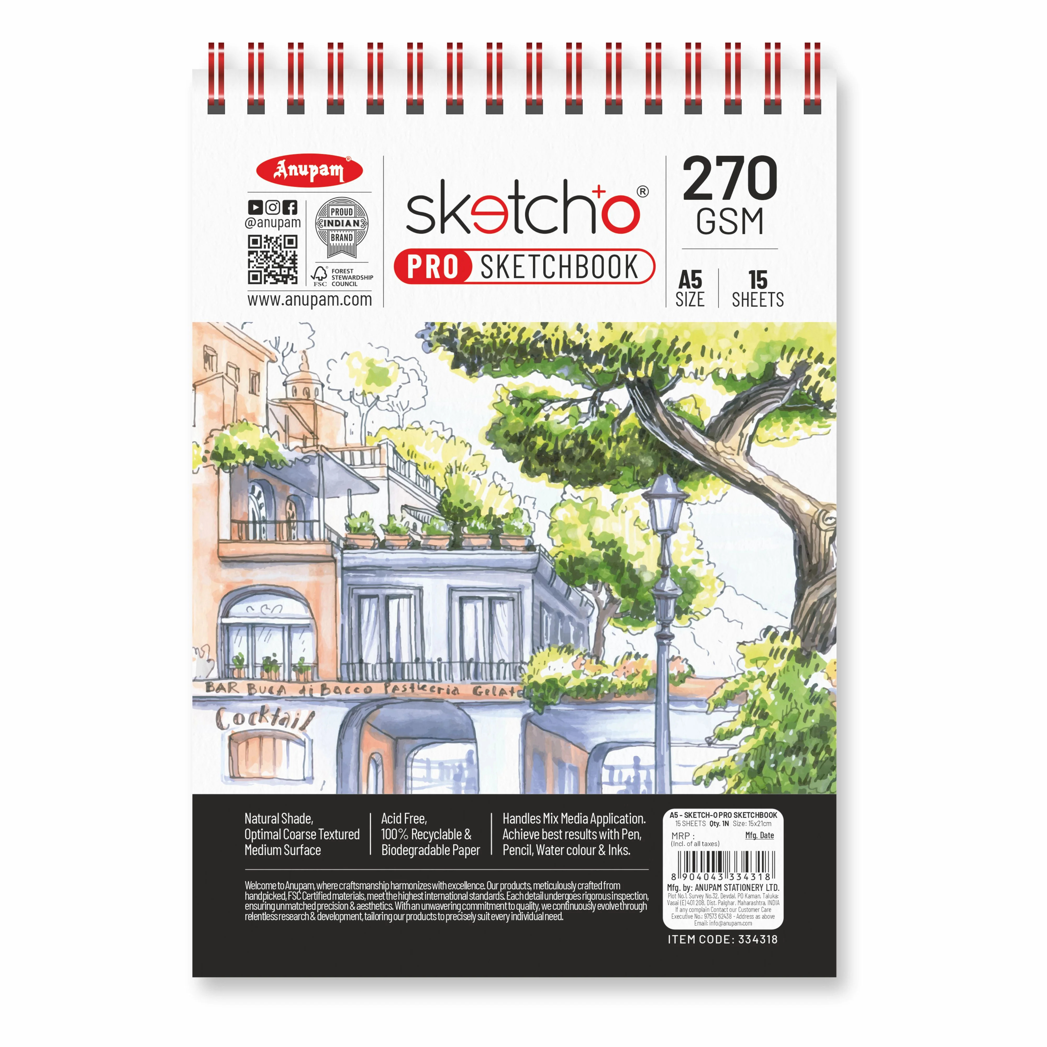 Anupam Sketch-O Pro Spiral Bound Sketchbook – 270 GSM Acid-Free Natural Shade Paper with Coarse Textured Surface - 15 Sheets - Image 21