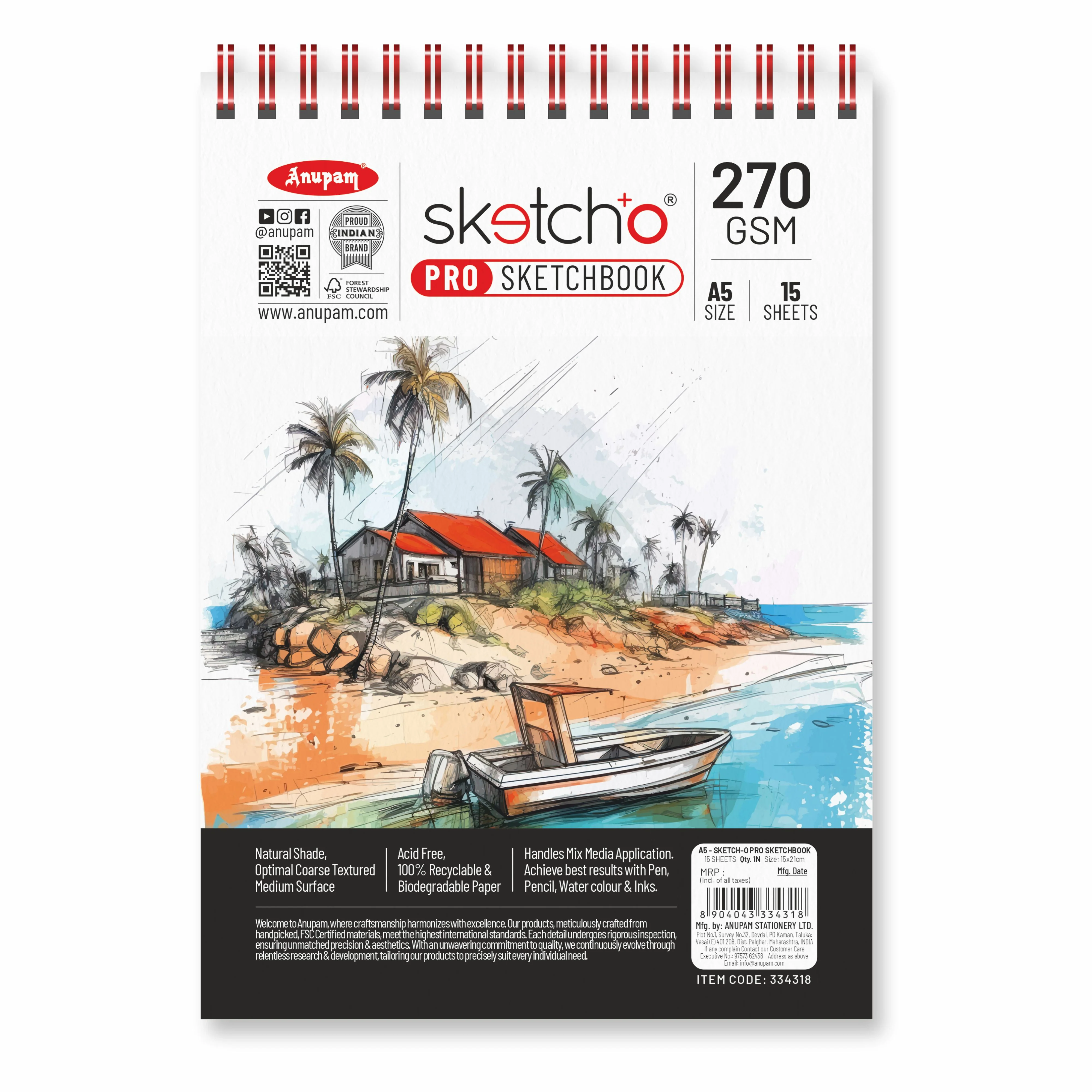 Anupam Sketch-O Pro Spiral Bound Sketchbook – 270 GSM Acid-Free Natural Shade Paper with Coarse Textured Surface - 15 Sheets - Image 22