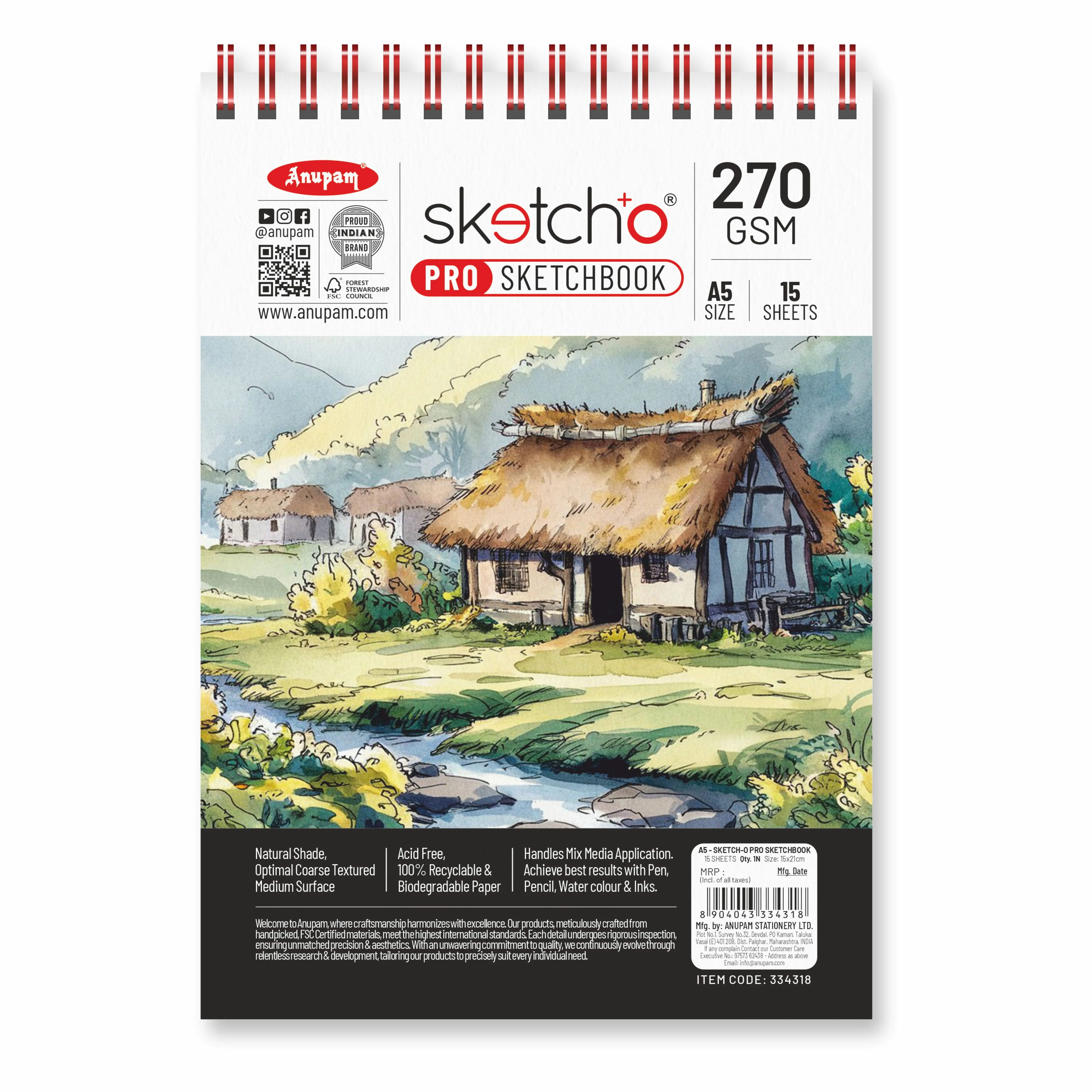 Anupam Sketch-O Pro Spiral Bound Sketchbook – 270 GSM Acid-Free Natural Shade Paper with Coarse Textured Surface - 15 Sheets - Image 23