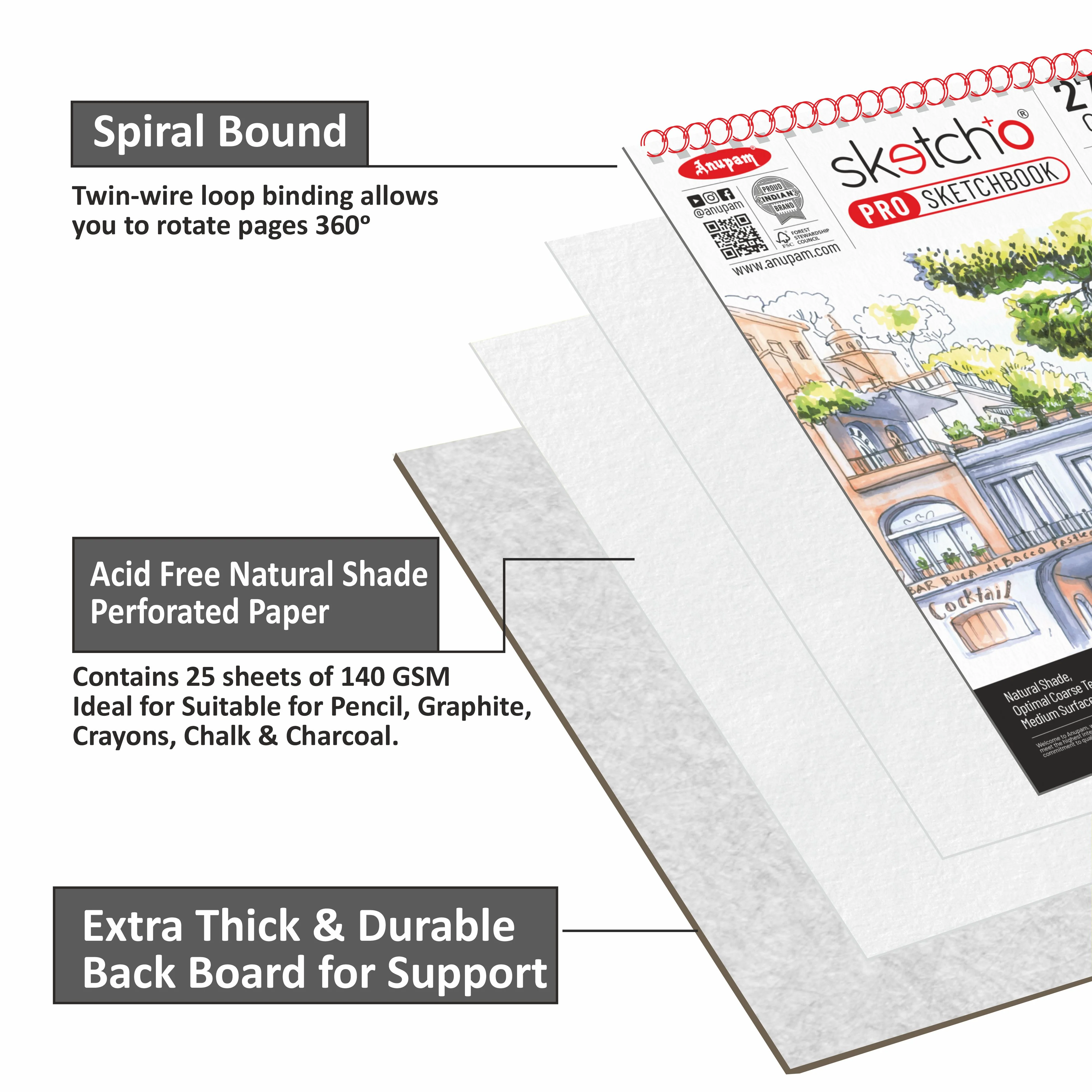 Anupam Sketch-O Pro Spiral Bound Sketchbook – 270 GSM Acid-Free Natural Shade Paper with Coarse Textured Surface - 15 Sheets - Image 3