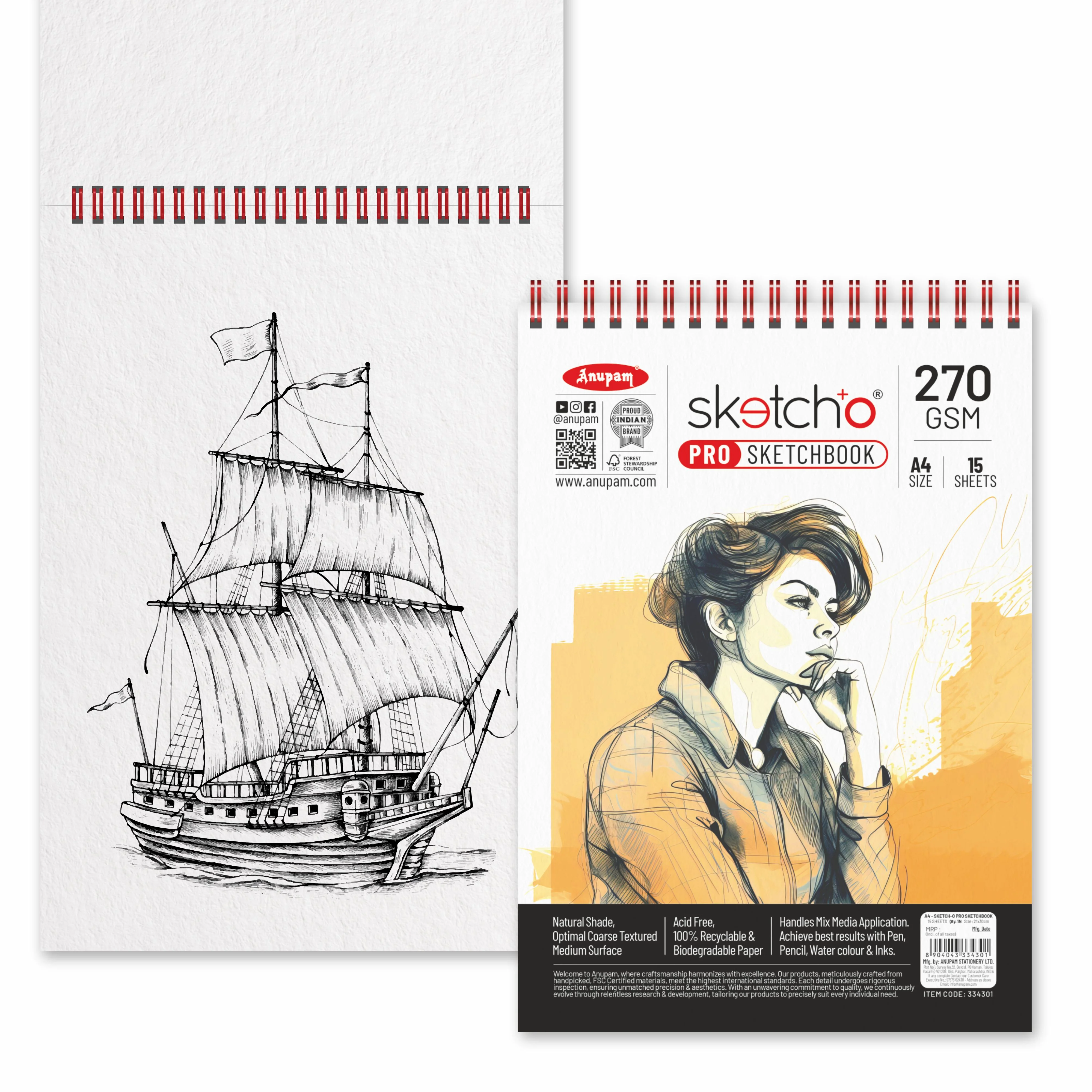 Anupam Sketch-O Pro Spiral Bound Sketchbook – 270 GSM Acid-Free Natural Shade Paper with Coarse Textured Surface - 15 Sheets - Image 9