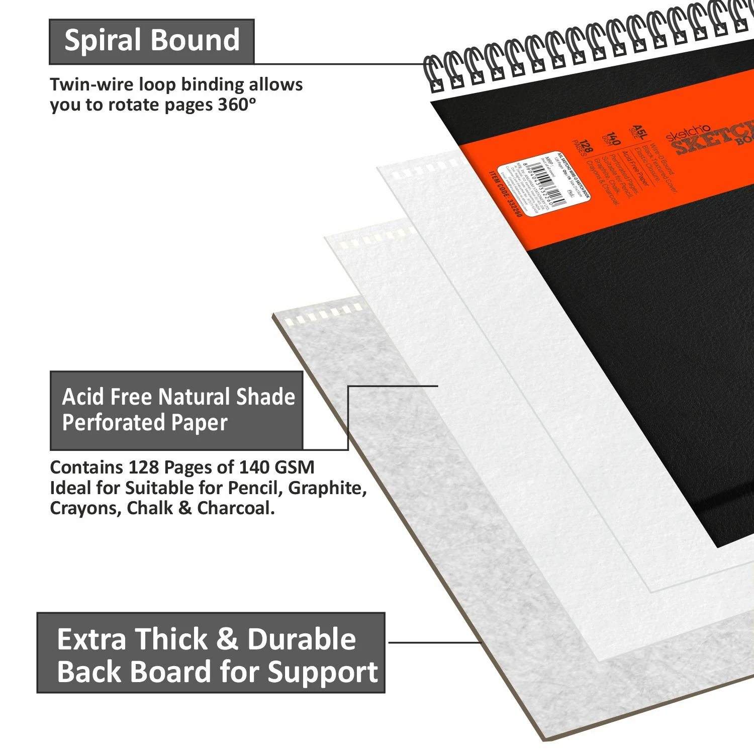 Anupam Sketch-O Sketchbook-Hard Bound-Cartridge Paper-Wire-O Book-140 GSM -128 Pages - Image 13