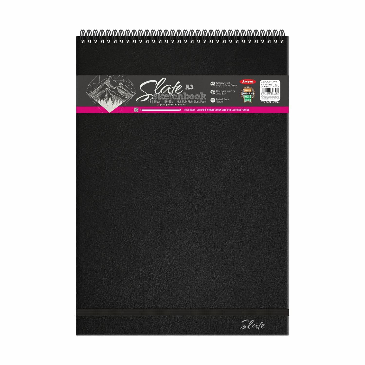 Anupam SketchO Slate Black Paper Sketchbook Wireo Bound-Elastic Closure -180 GSM-Acid Free-80 Pages