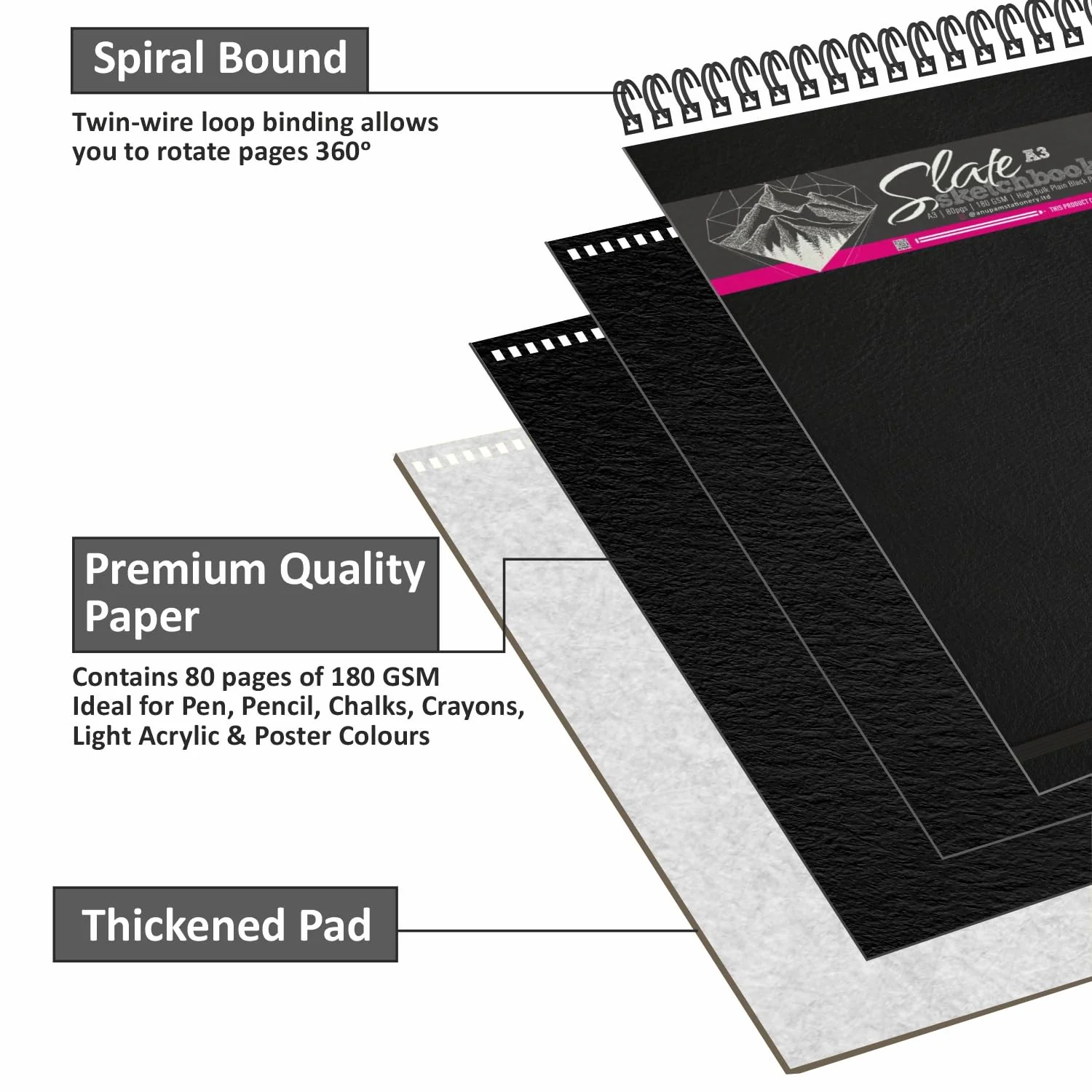 Anupam SketchO Slate Black Paper Sketchbook Wireo Bound-Elastic Closure -180 GSM-Acid Free-80 Pages - Image 9