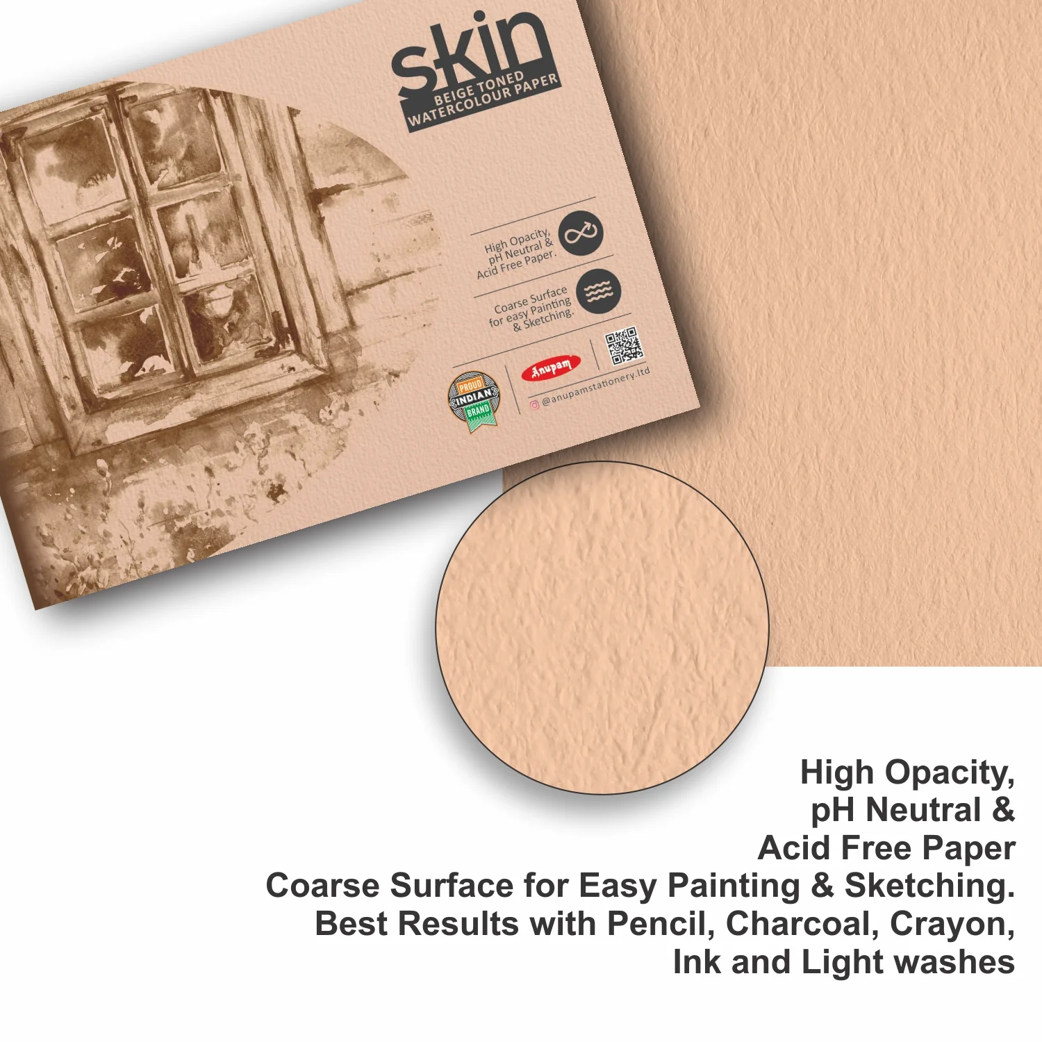 Anupam Skin Toned (Beige) Watercolour Paper-Cold Pressed -Glued Pad - 225GSM - 15Sheets - Image 7