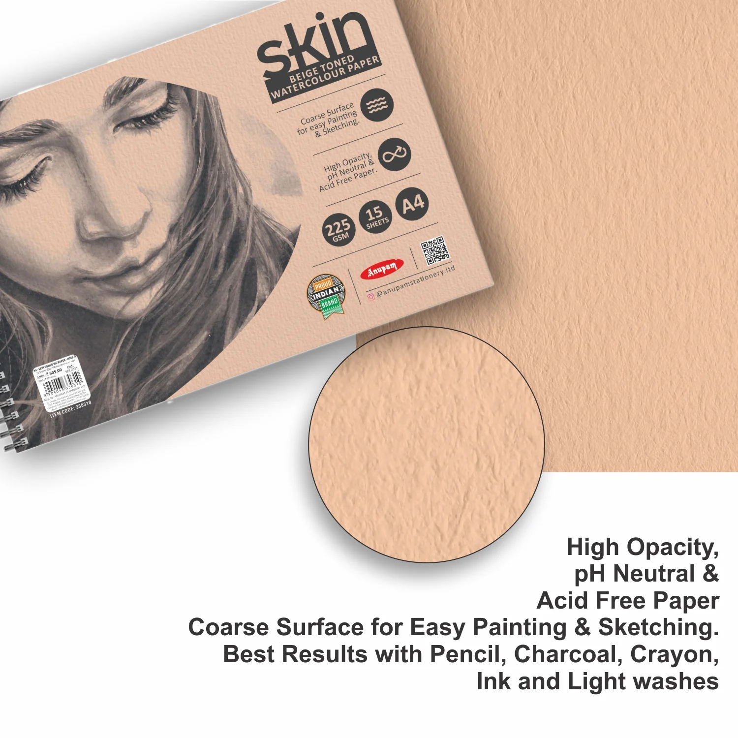Anupam Skin Toned Watercolour Paper-Acid Free-Wireo Book-225 GSM-15 Sheets - Image 5