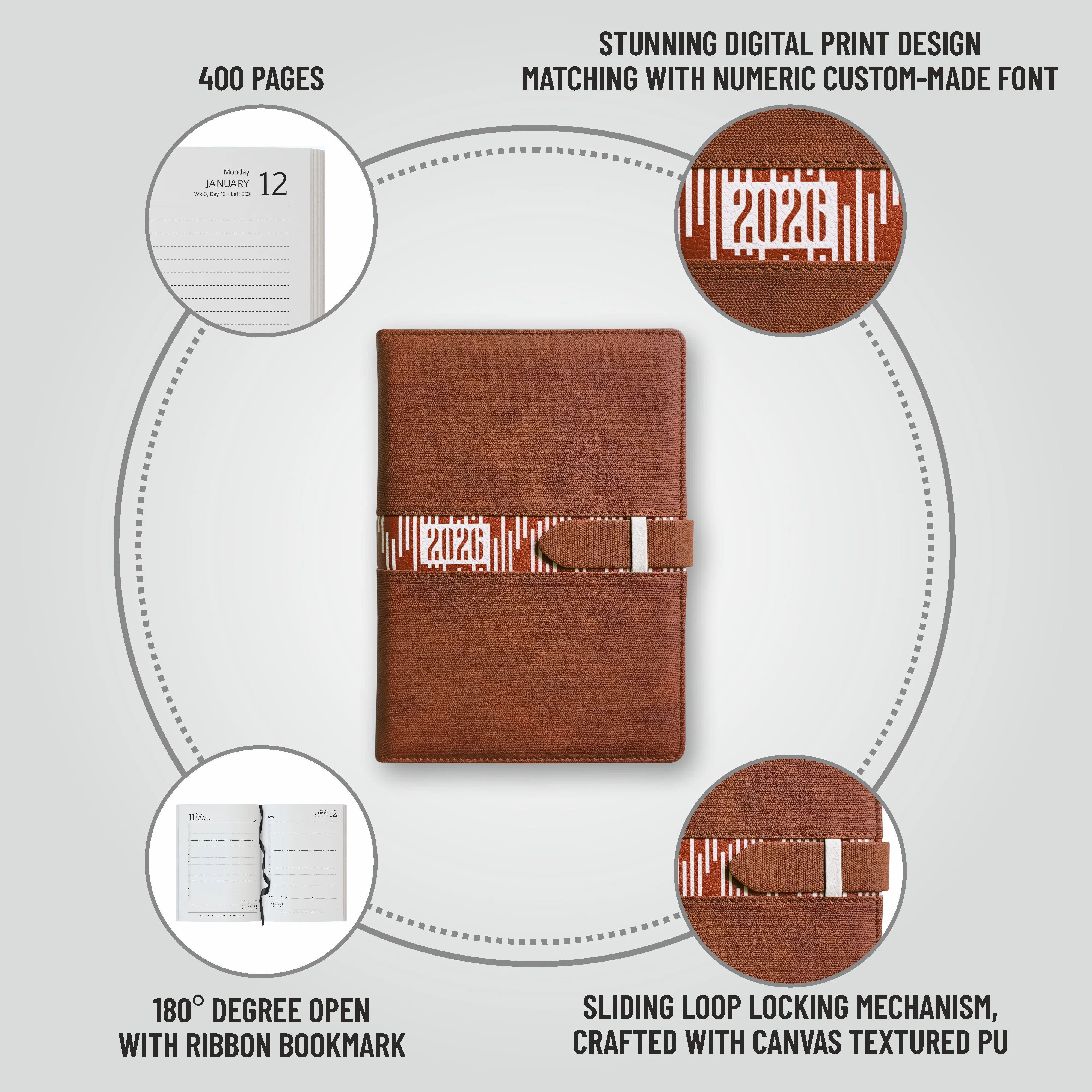 Anupam Slide Diary 2026 with Dated Daily Planner, 80 GSM Full Page Per Day with Monthly Calendar, New Year Diary 2026, 365 Days Lines Textured PU Cover, Pen Holder and Loop Closure - Image 32