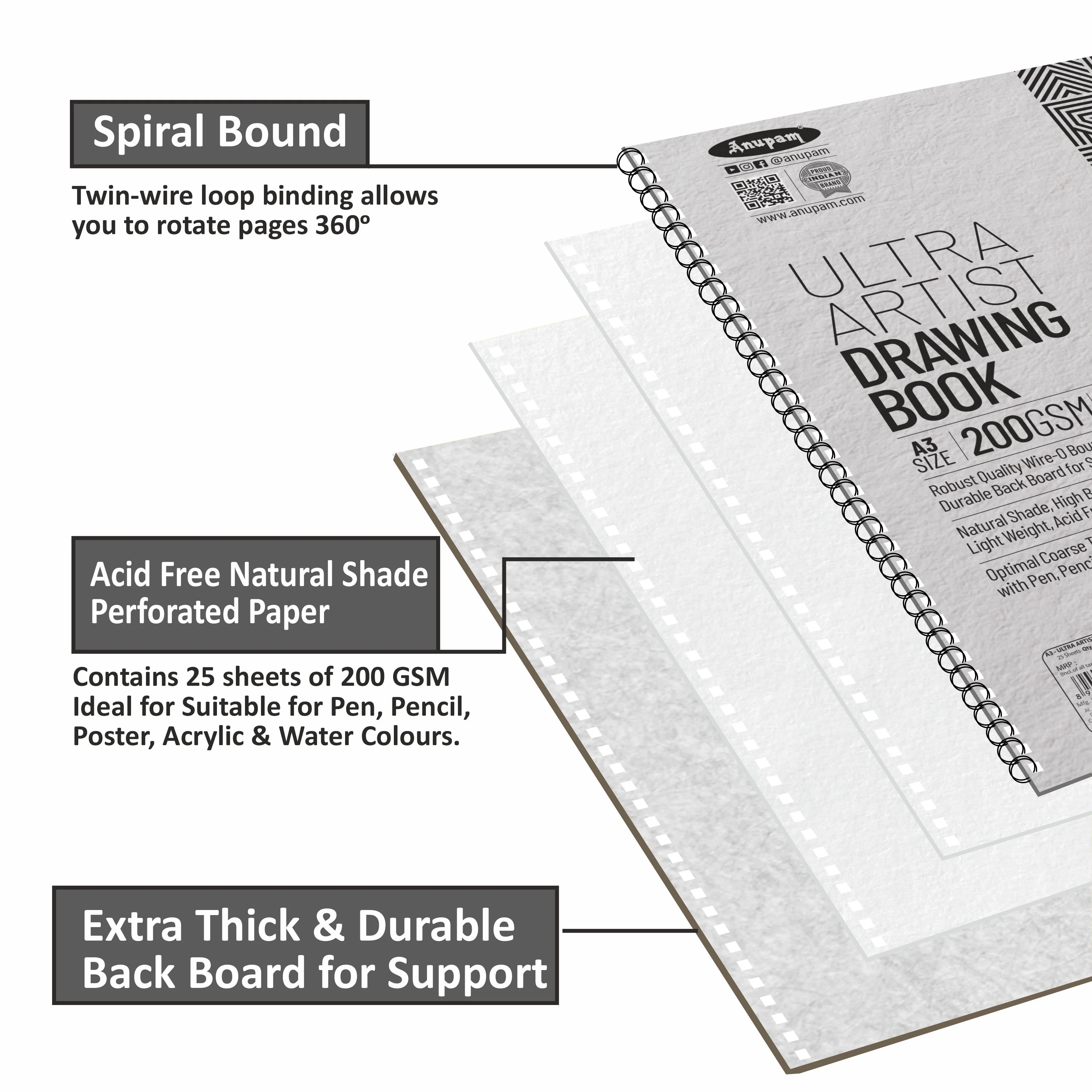 Anupam Ultra Artist Drawing Book - Wireo Bound - 200gsm Cartridge Paper-25 sheets - Image 5