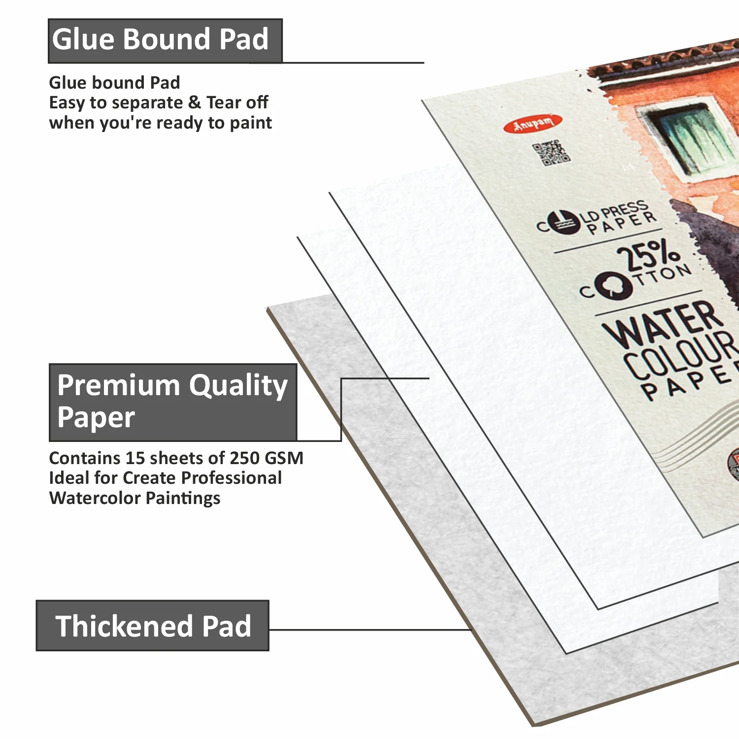 Anupam 25% Cotton Watercolour Paper Pad - Cold Pressed - 250 GSM - 15 Sheets - Image 4