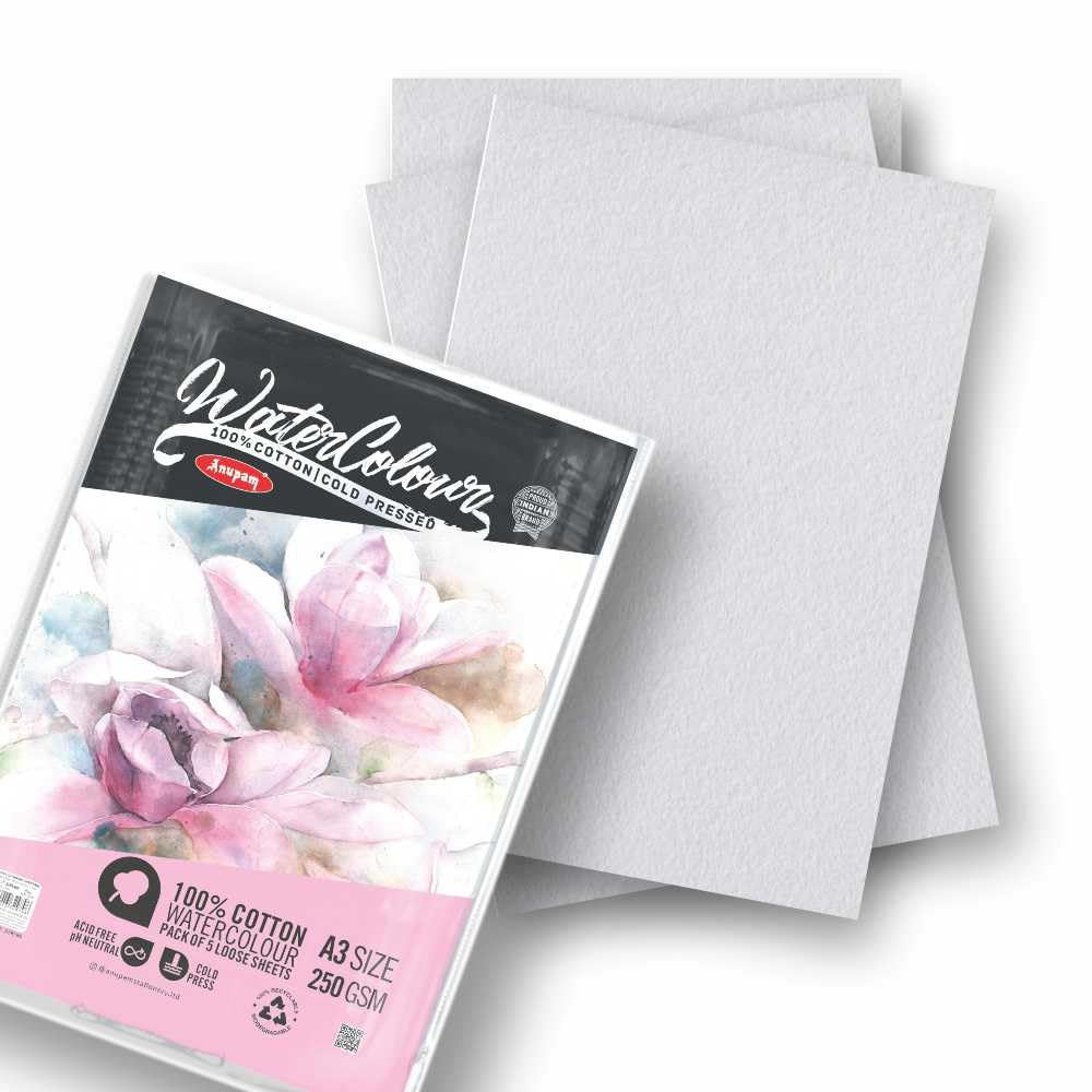 Anupam 100% Cotton Watercolour Paper-Acid Free-Coarse Surface-Cold Pressed-250 GSM-Loose Sheets - Image 4