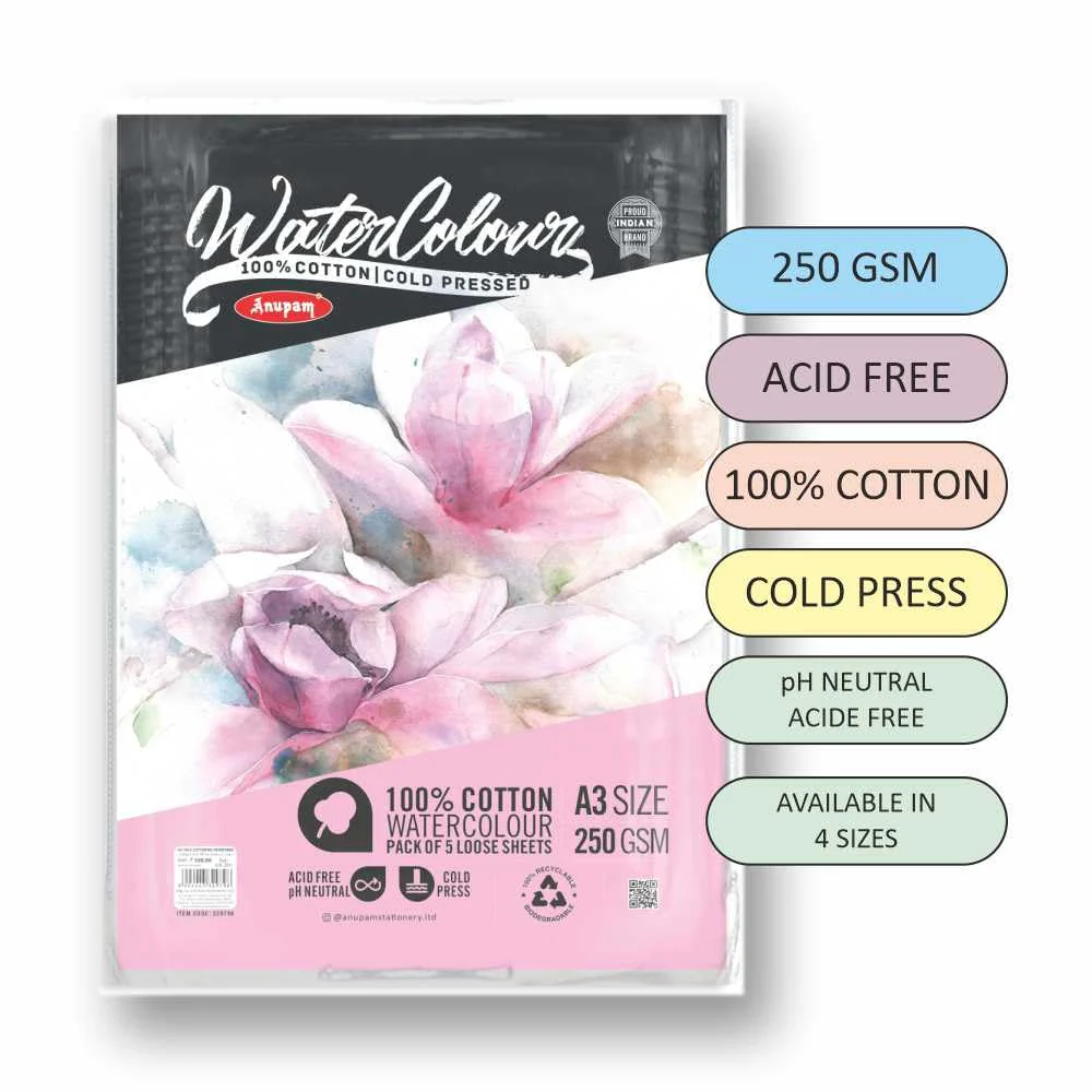 Anupam 100% Cotton Watercolour Paper-Acid Free-Coarse Surface-Cold Pressed-250 GSM-Loose Sheets - Image 5