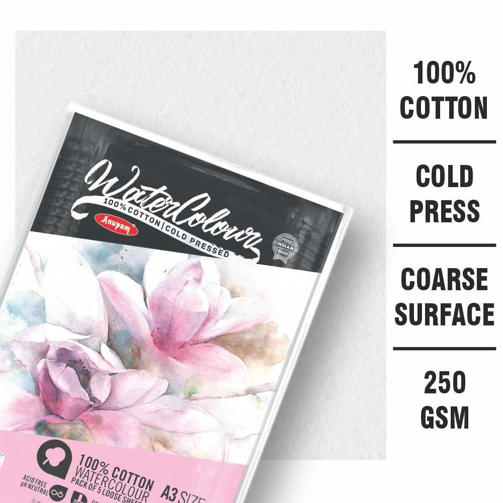 Anupam 100% Cotton Watercolour Paper-Acid Free-Coarse Surface-Cold Pressed-250 GSM-Loose Sheets - Image 6