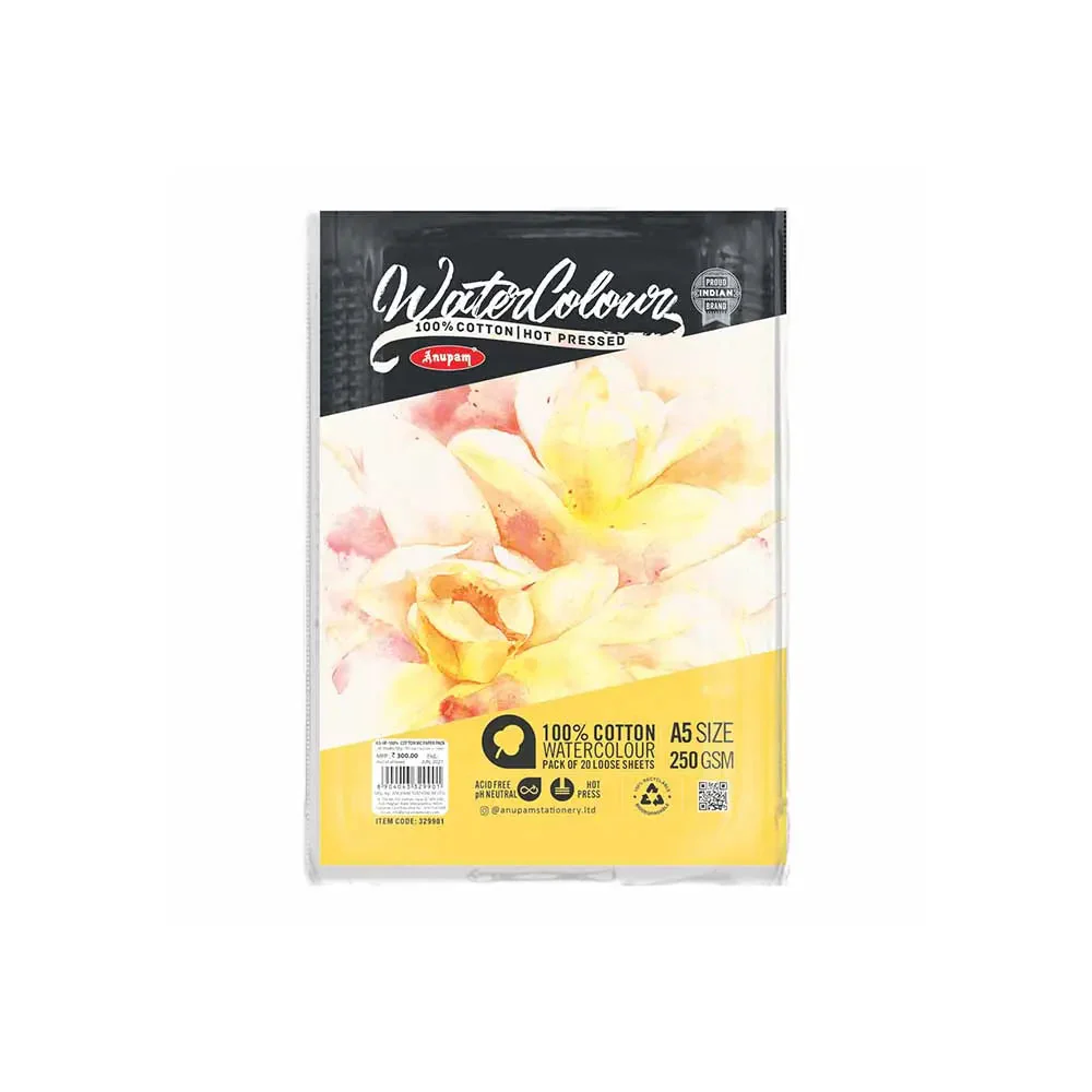 Anupam 100% Cotton Watercolour Paper-Acid Free-Coarse Surface-Hot Pressed-Loose Sheets-250 GSM