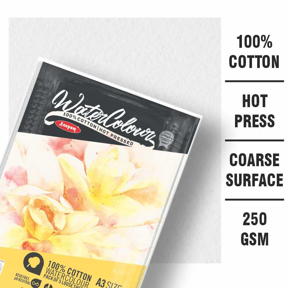 Anupam 100% Cotton Watercolour Paper-Acid Free-Coarse Surface-Hot Pressed-Loose Sheets-250 GSM - Image 6