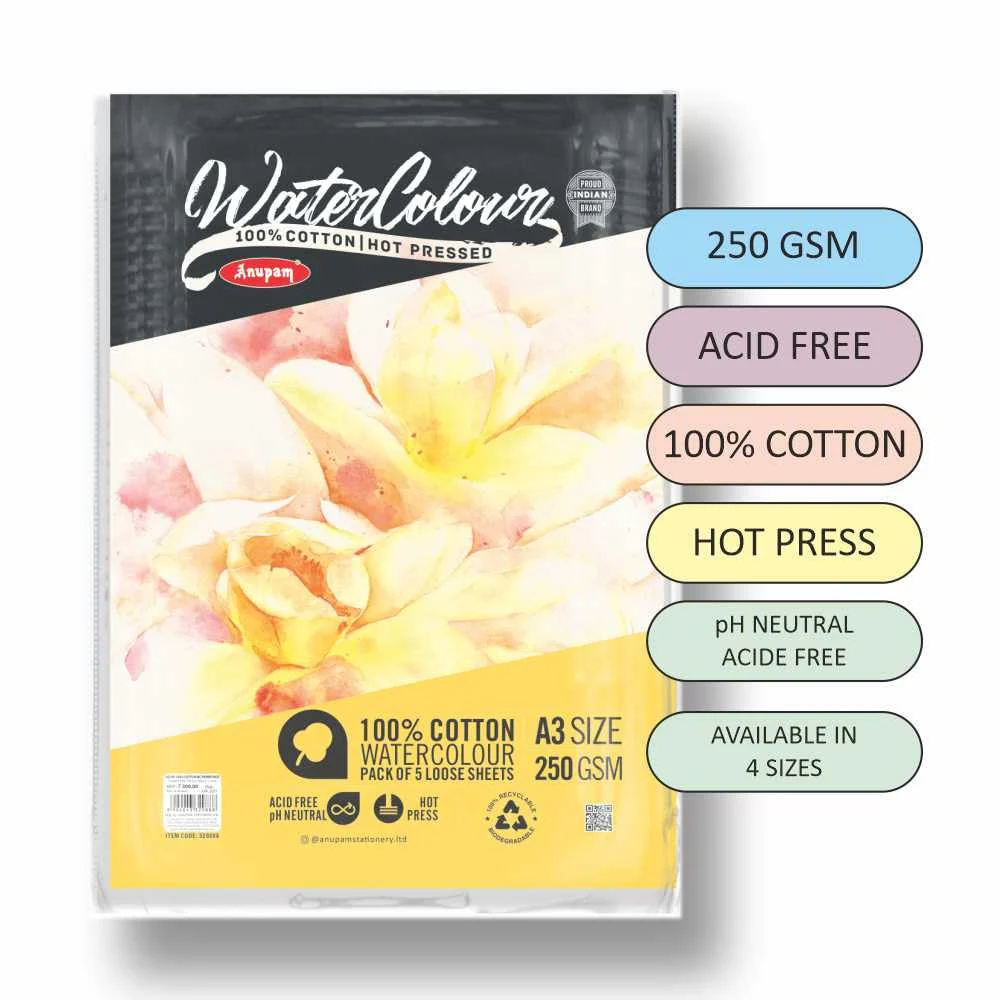Anupam 100% Cotton Watercolour Paper-Acid Free-Coarse Surface-Hot Pressed-Loose Sheets-250 GSM - Image 7