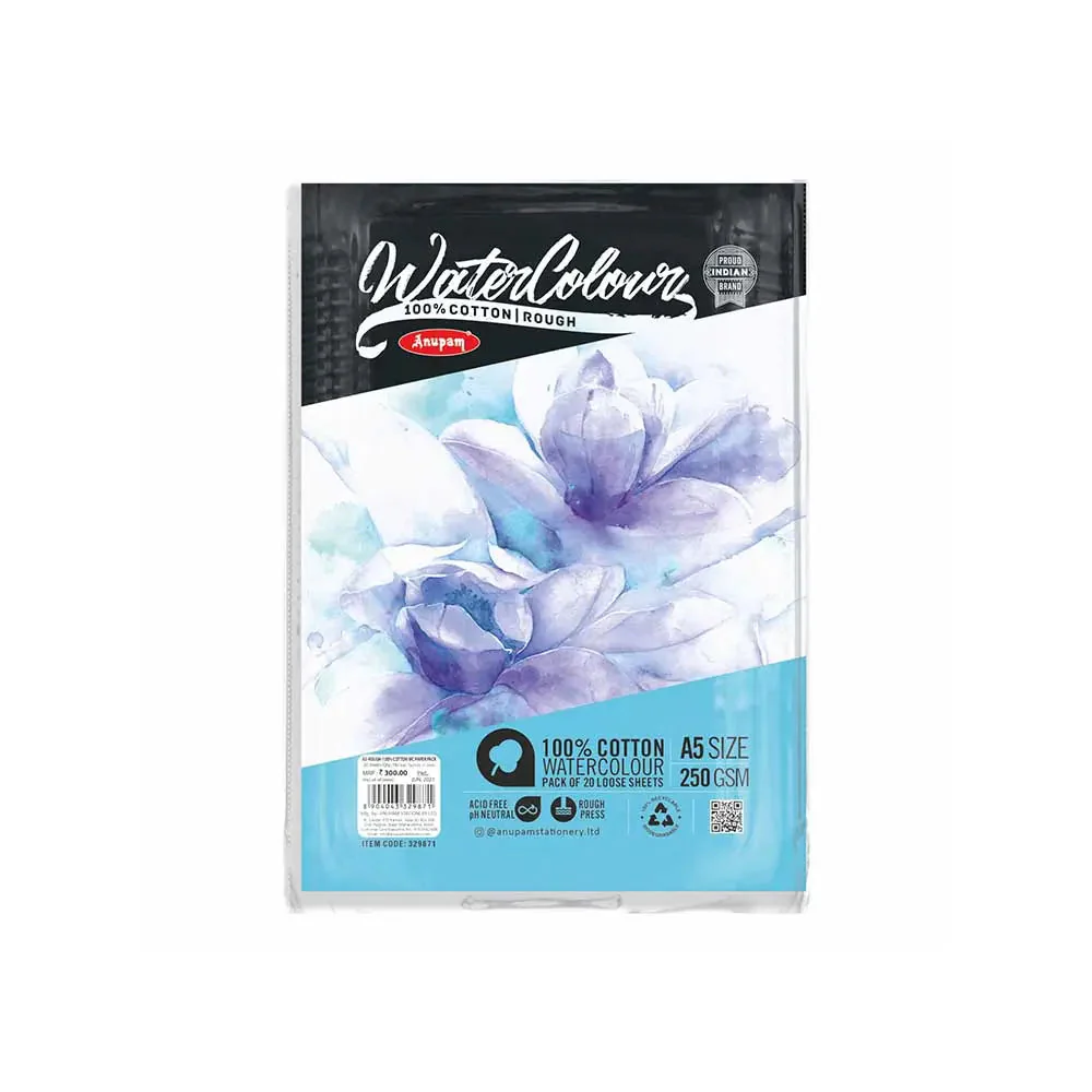 Anupam 100% Cotton Watercolour Paper-Coarse Surface-Acid Free-Rough Pressed-250 GSM-Loose Sheets