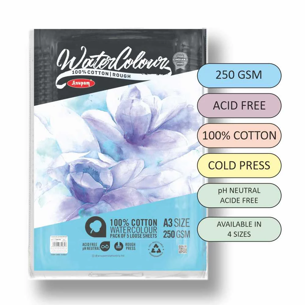 Anupam 100% Cotton Watercolour Paper-Coarse Surface-Acid Free-Rough Pressed-250 GSM-Loose Sheets - Image 7