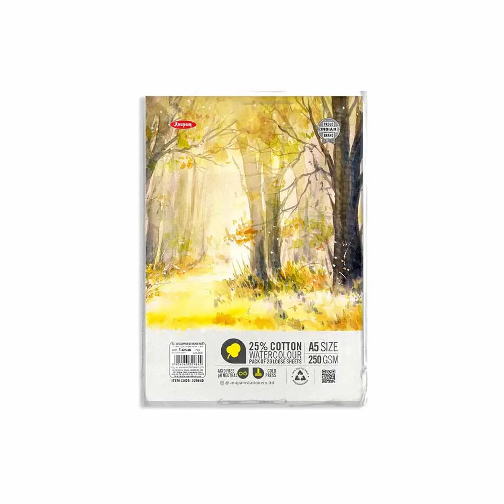 Anupam 25% Cotton Watercolour Paper-Natural White-Cold Pressed-250 GSM-Loose Sheets