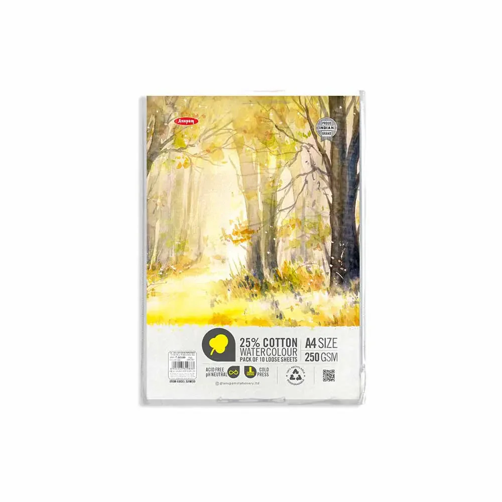 Anupam 25% Cotton Watercolour Paper-Natural White-Cold Pressed-250 GSM-Loose Sheets - Image 2