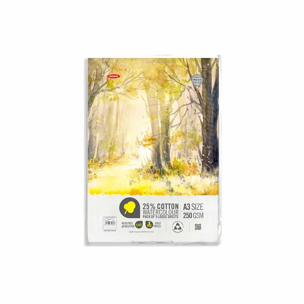 Anupam 25% Cotton Watercolour Paper-Natural White-Cold Pressed-250 GSM-Loose Sheets - Image 3