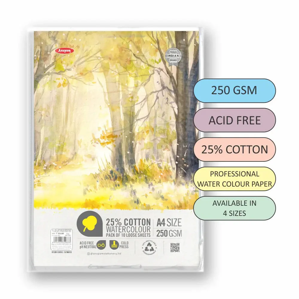 Anupam 25% Cotton Watercolour Paper-Natural White-Cold Pressed-250 GSM-Loose Sheets - Image 4