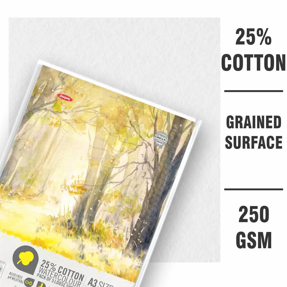 Anupam 25% Cotton Watercolour Paper-Natural White-Cold Pressed-250 GSM-Loose Sheets - Image 5