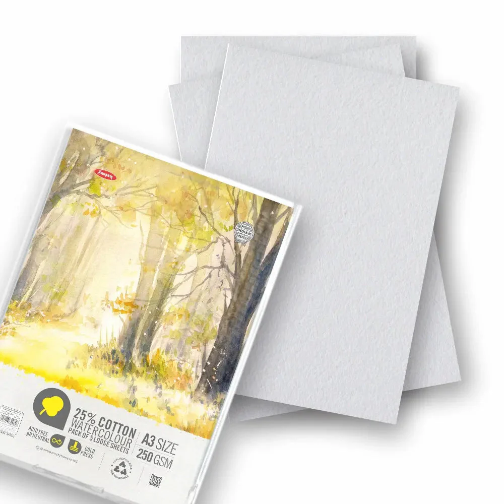 Anupam 25% Cotton Watercolour Paper-Natural White-Cold Pressed-250 GSM-Loose Sheets - Image 6