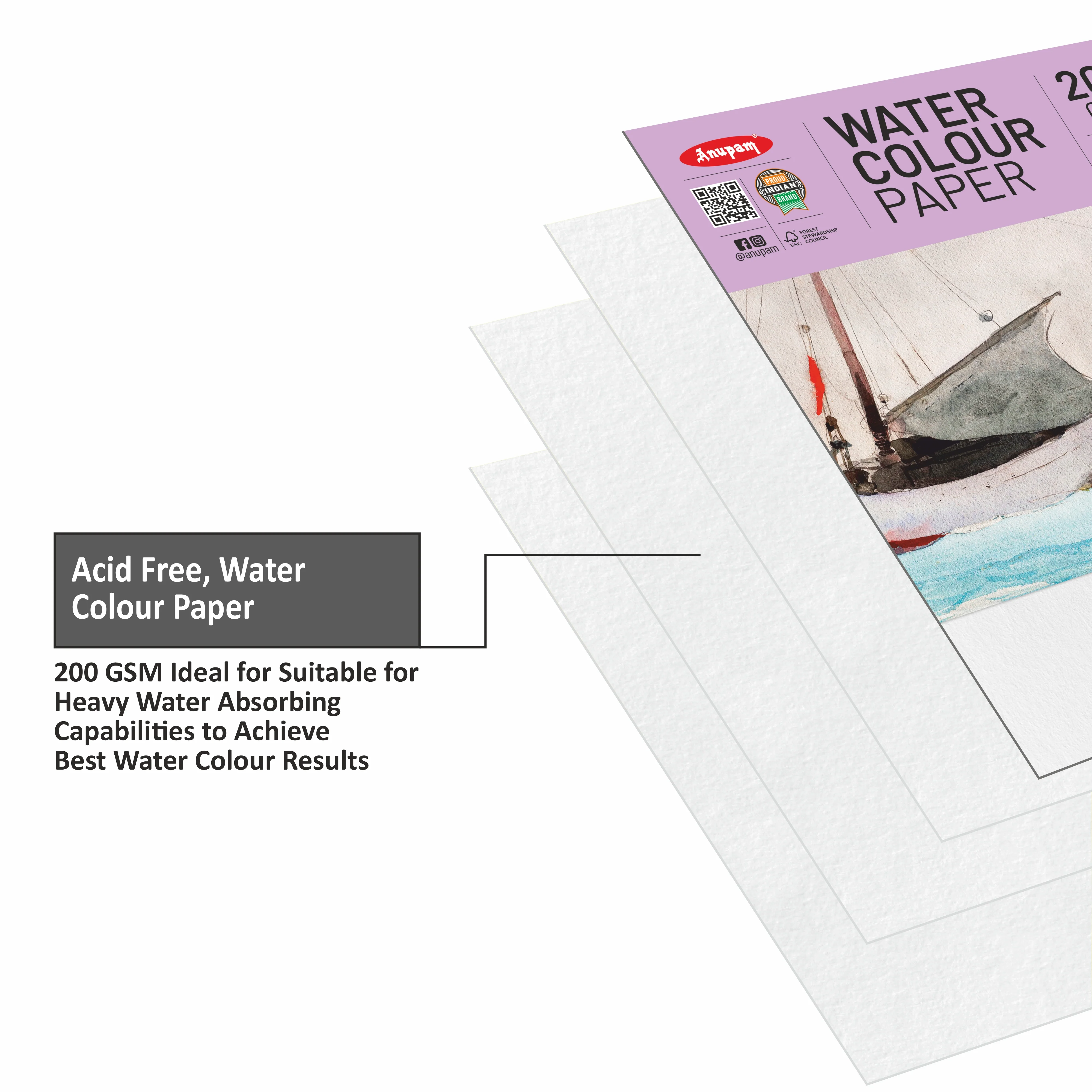 Anupam Watercolour Paper Loose Sheets-Natural white-Grained Surface-Cold Pressed-(200 and 300 GSM) - Image 4