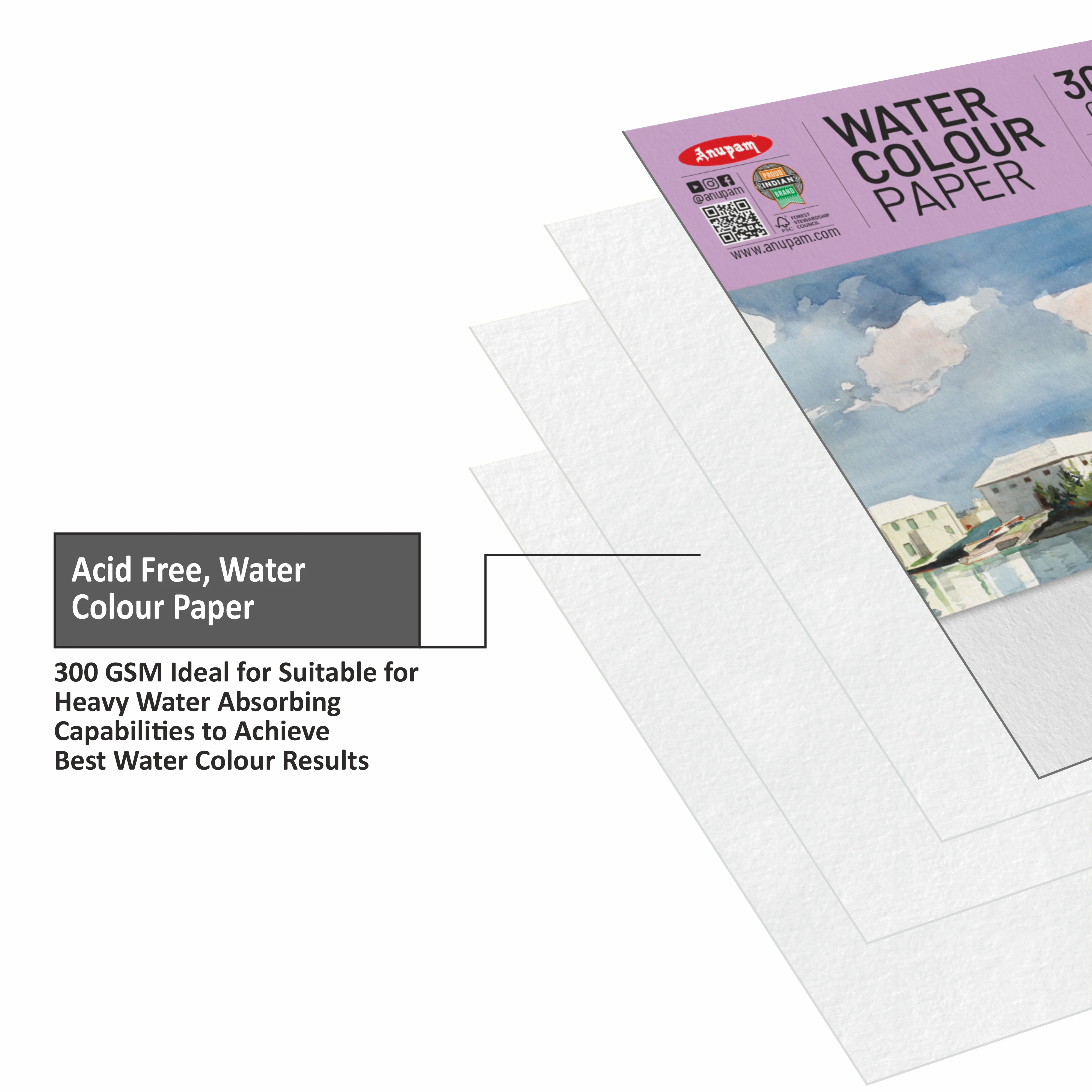 Anupam Watercolour Paper Loose Sheets-Natural white-Grained Surface-Cold Pressed-(200 and 300 GSM) - Image 45