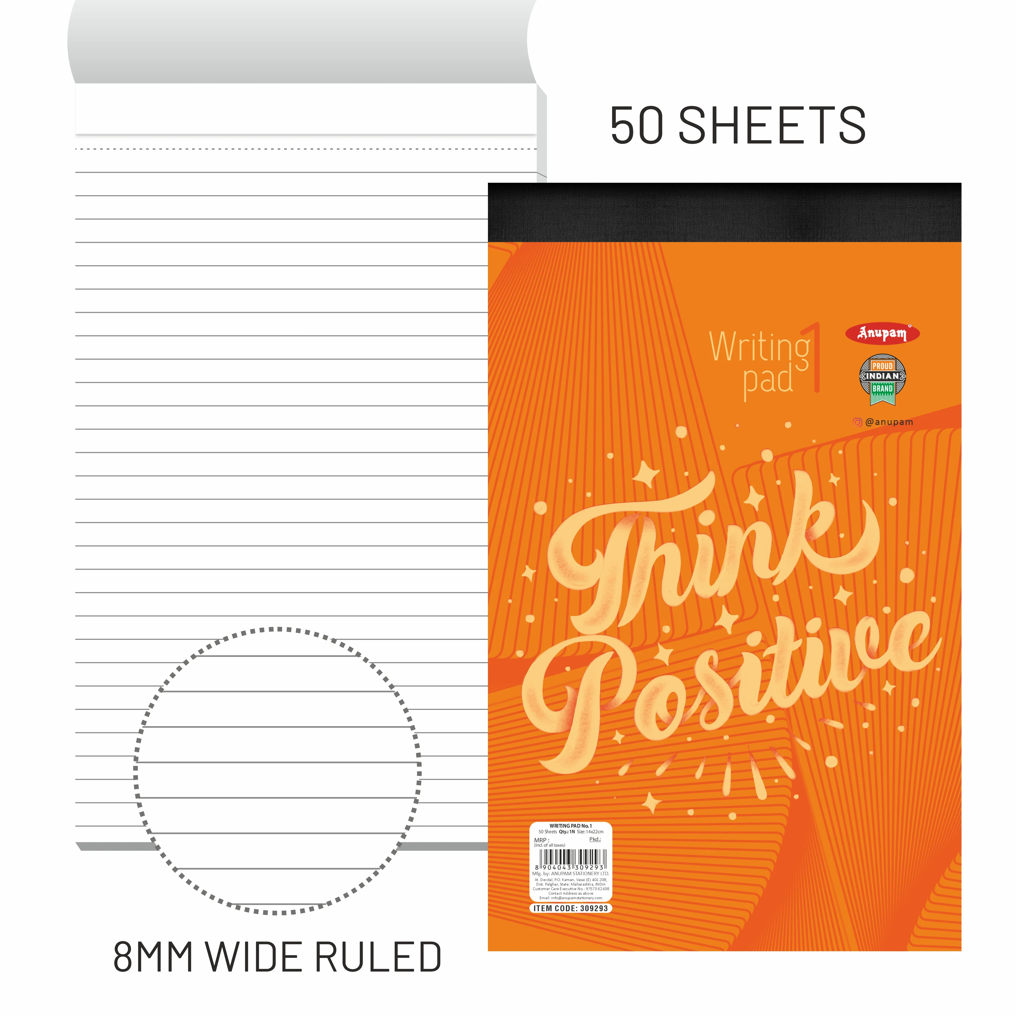 Anupam Writing Pad – Wide Ruled Lined Paper-80 GSM-Micro Perforated with Durable Cardboard Backing for School-College- Office - Image 3