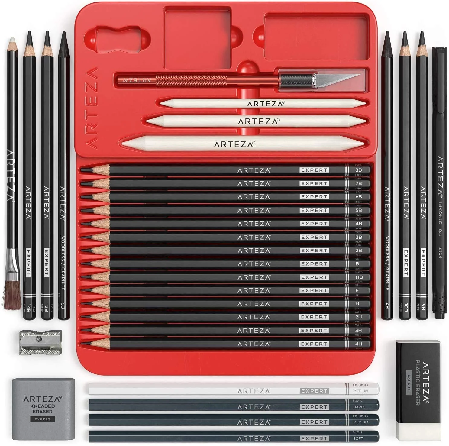 Arteza Pro Series Drawing Set for Adults, Set of 33 Artist Sketching Tools, Includes 20 Graphite & 4 Charcoal Pencils, 1 Fineliner, 3 Blenders, 1 Sharpener, 3 Erasers & 1 Hobby Knife, for Beginners & Experts - Image 2